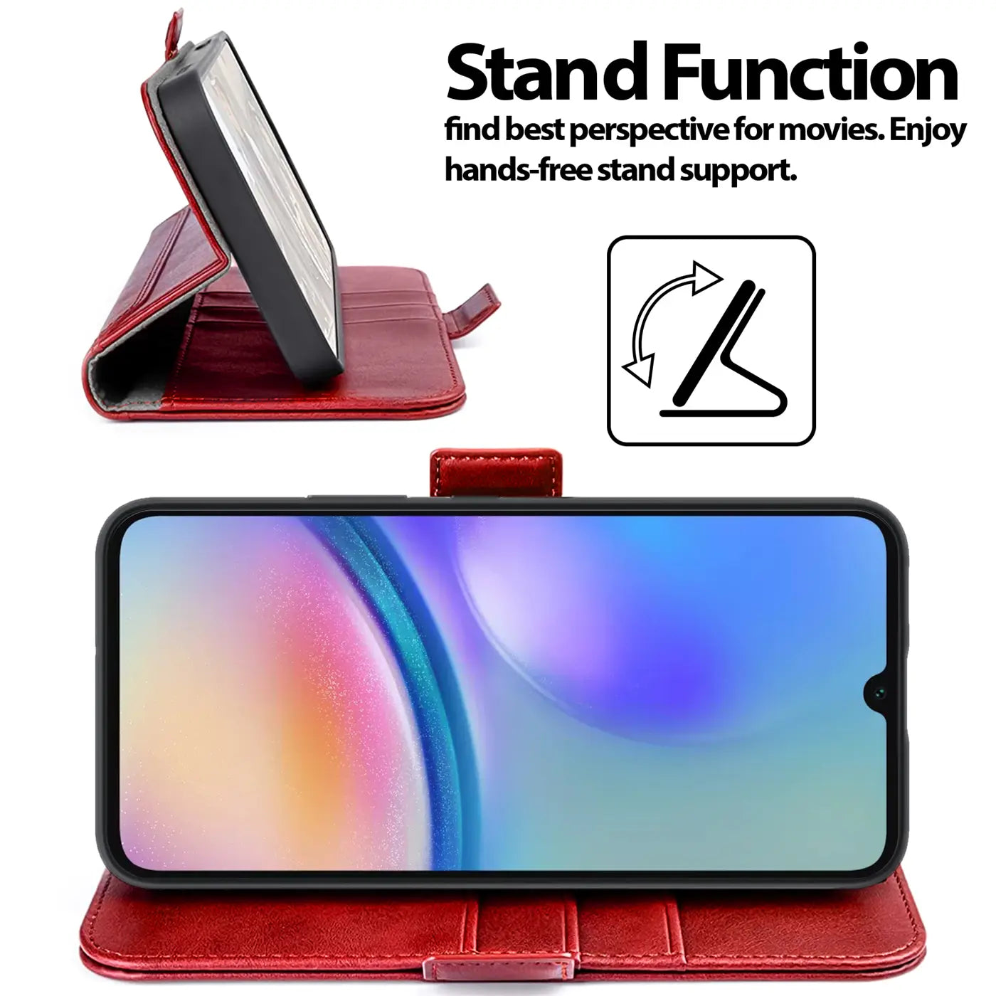 Rote Leder-Klapphülle mit Ständerfunktion für Samsung Galaxy A15 4G/5G, von vorne und Seite