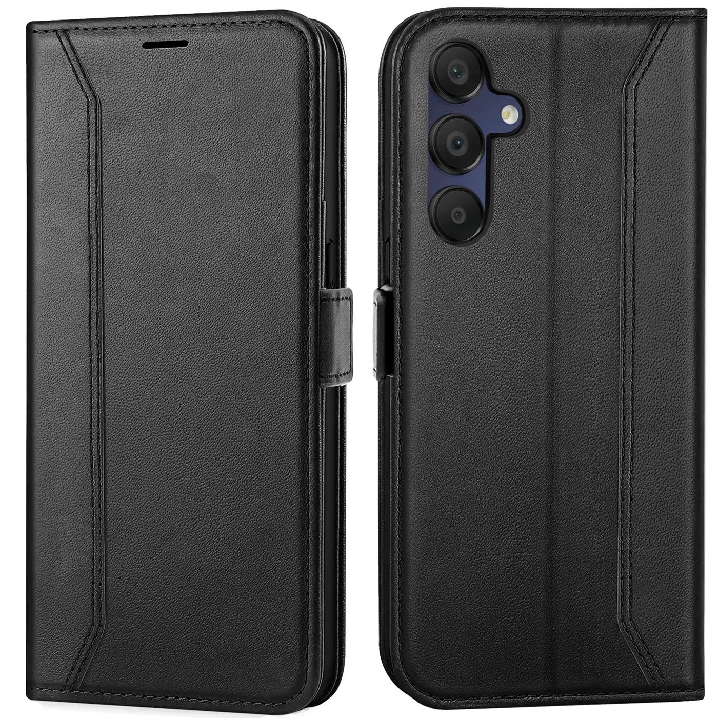 Schwarze Leder-Klapphülle mit RFID-Schutz für Samsung Galaxy A15 4G/5G, Vorder- und Rückansicht.