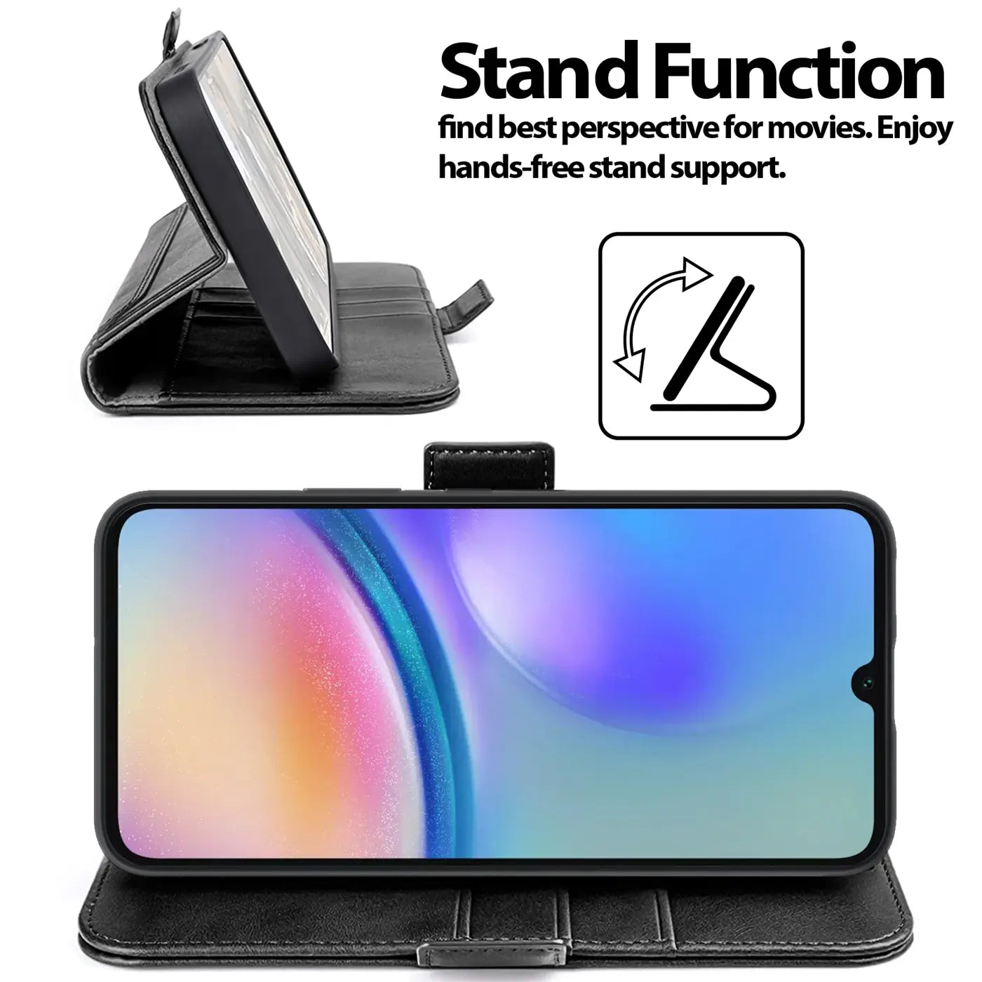Schwarze Leder-Klapphülle mit Ständerfunktion, zeigt Samsung Galaxy A15 4G/5G.