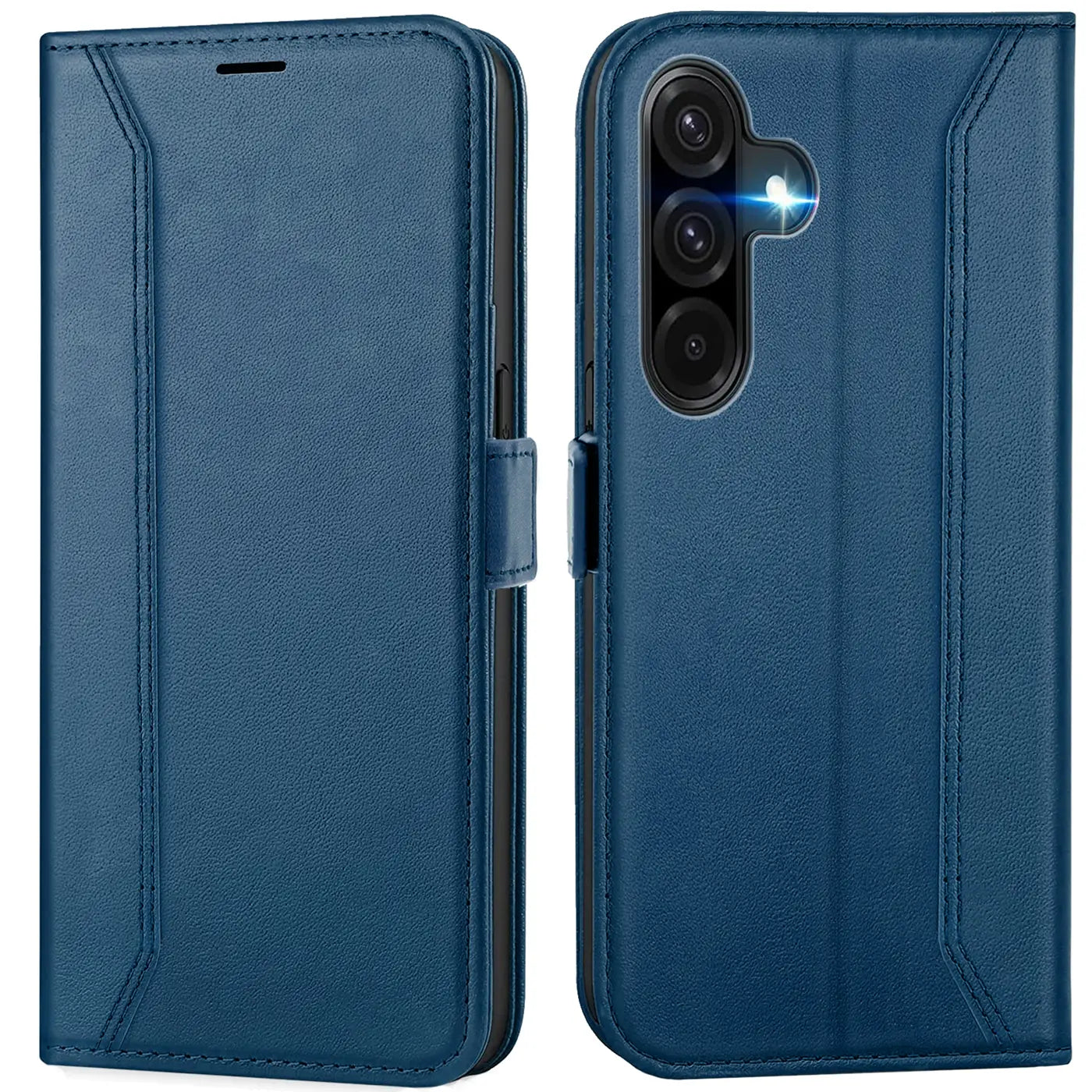 Blaue Kunstleder-Klapphülle, Vorder- und Rückansicht, für Samsung Galaxy A17 5G.