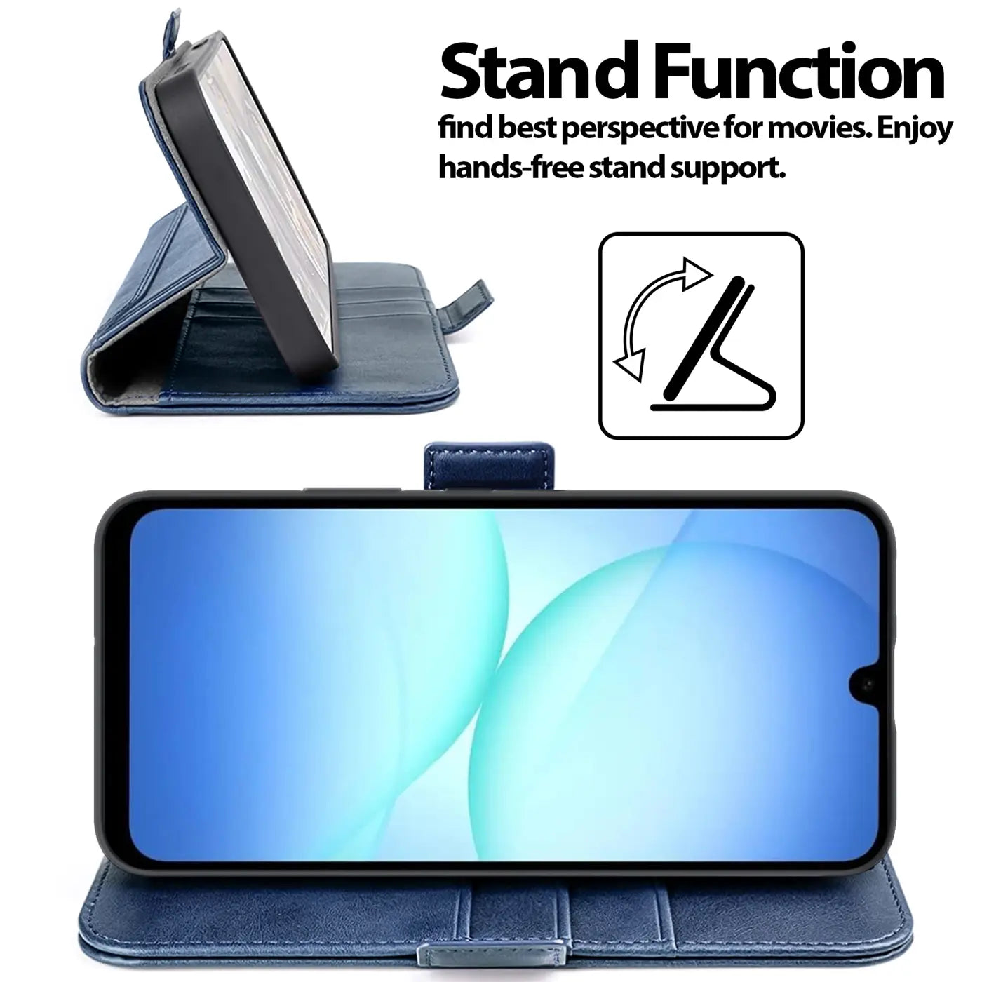 Dunkelblaue Kunstleder-Klapphülle mit Ständerfunktion für Samsung Galaxy A17 5G, von vorne und Seite
