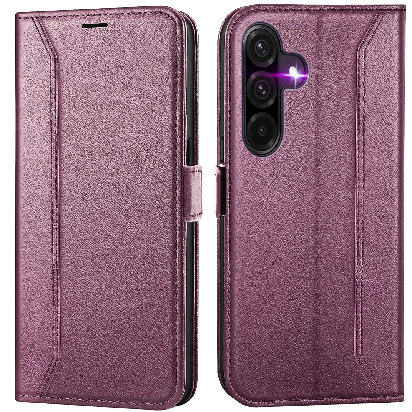 Lila Leder-Klapphülle, Vorder- und Rückansicht, für Samsung Galaxy A17 5G.
