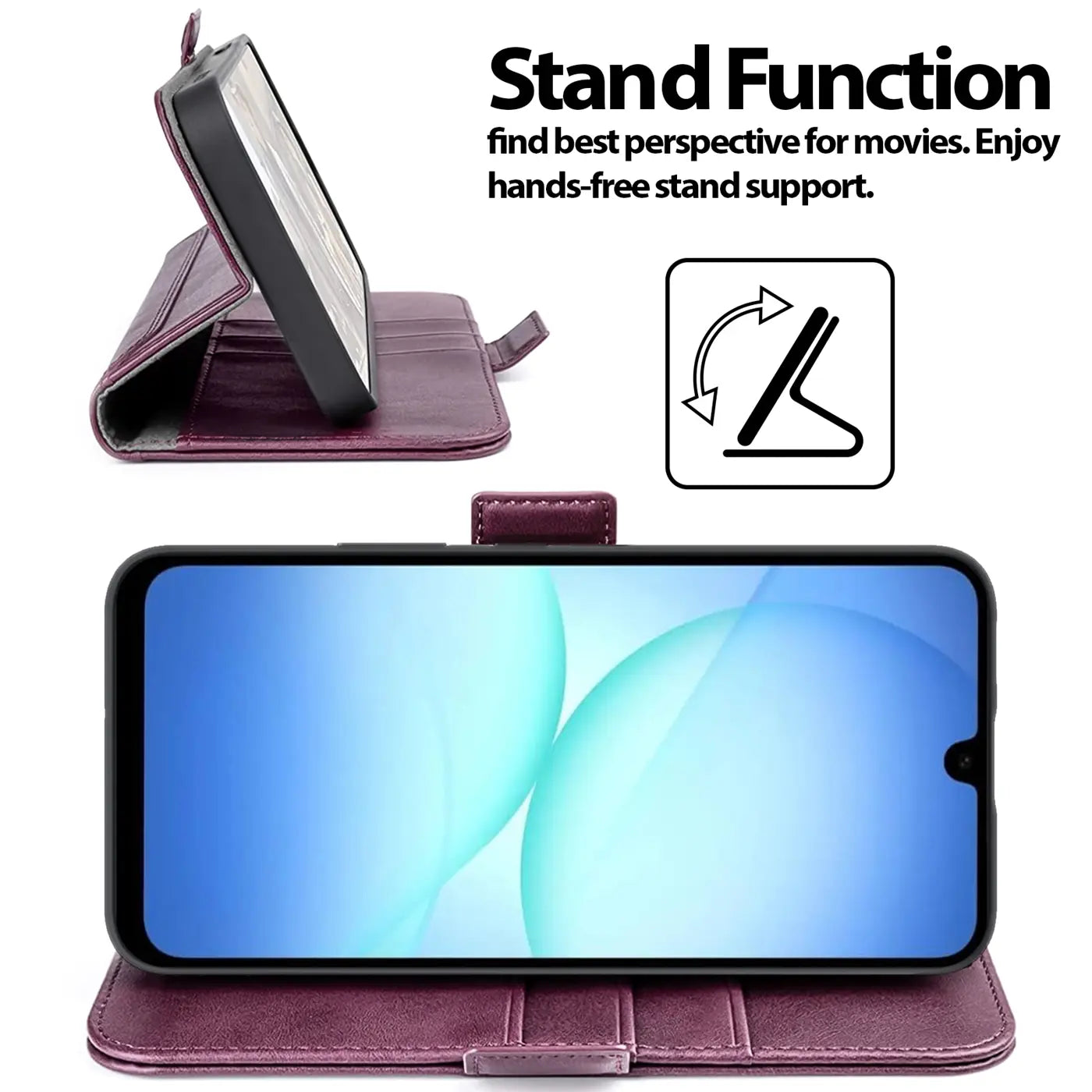 Dunkelrote Leder-Klapphülle mit Ständerfunktion für Samsung Galaxy A17 5G, Seitenansicht.