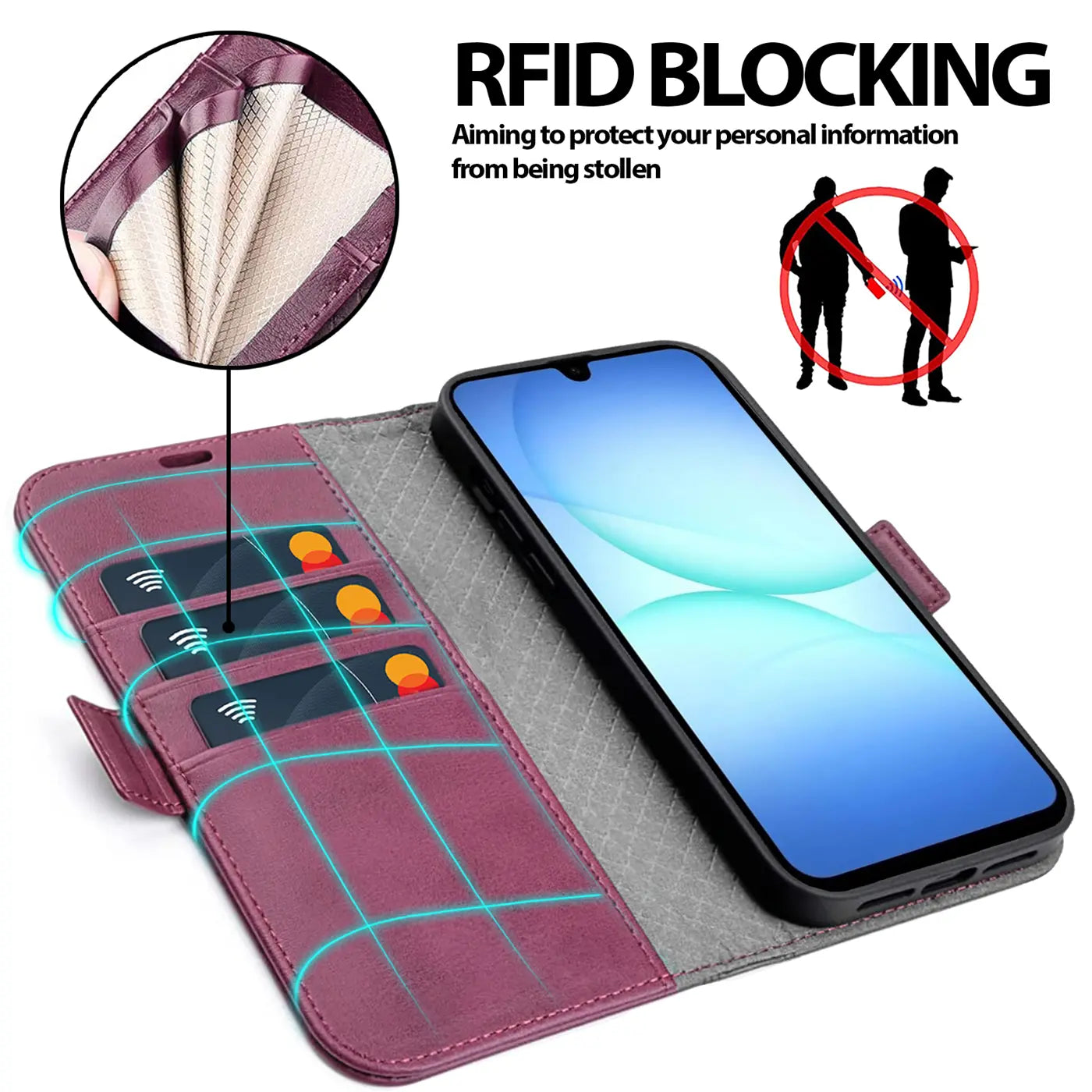 Lila Leder-Klapphülle mit Kartenfächern, zeigt ein Smartphone, von oben.