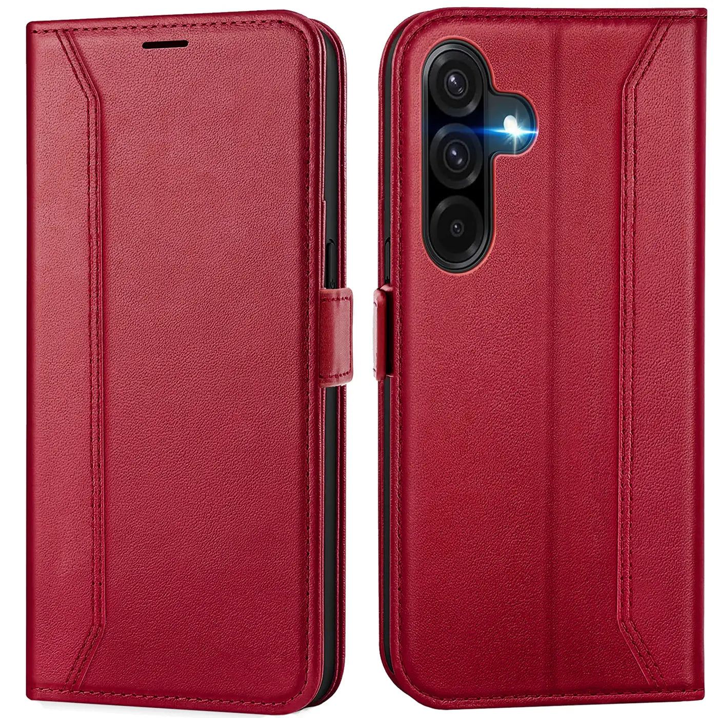 Rote Leder-Klapphülle mit RFID-Schutz für Samsung Galaxy A17 5G, Vorder- und Rückansicht.