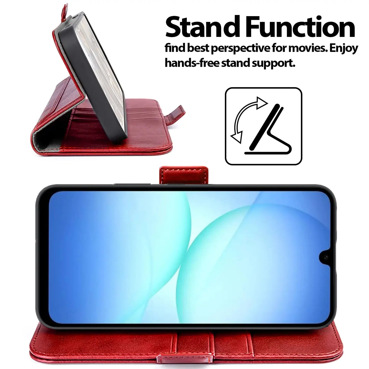 Rote Leder-Klapphülle mit Ständerfunktion, zeigt Samsung Galaxy A17 5G.
