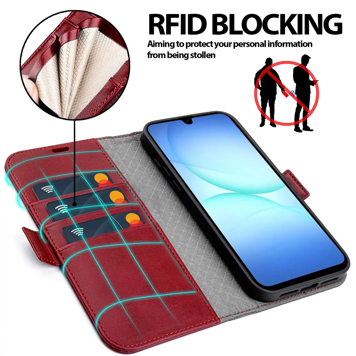 Rote Leder-Klapphülle mit Kartenfächern und Samsung Galaxy A17 5G.