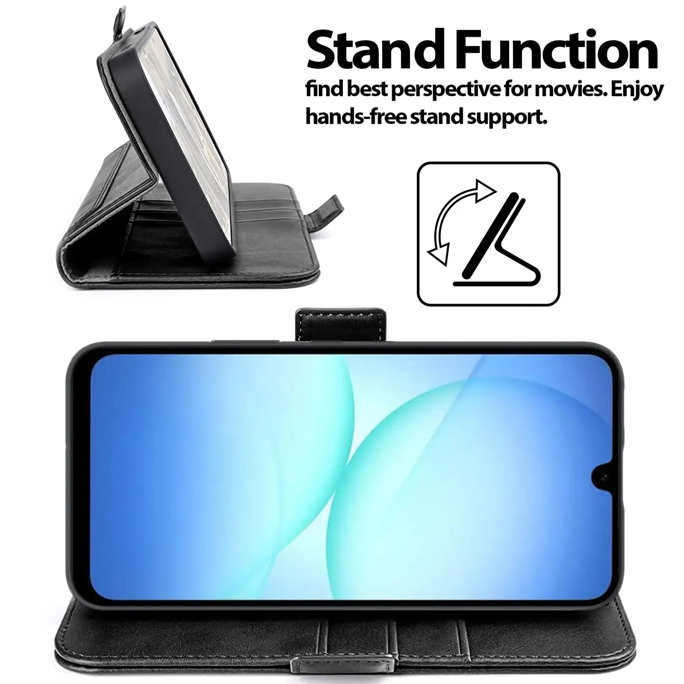 Schwarze Leder-Klapphülle mit Ständerfunktion für Samsung Galaxy A17 5G, Seitenansicht.