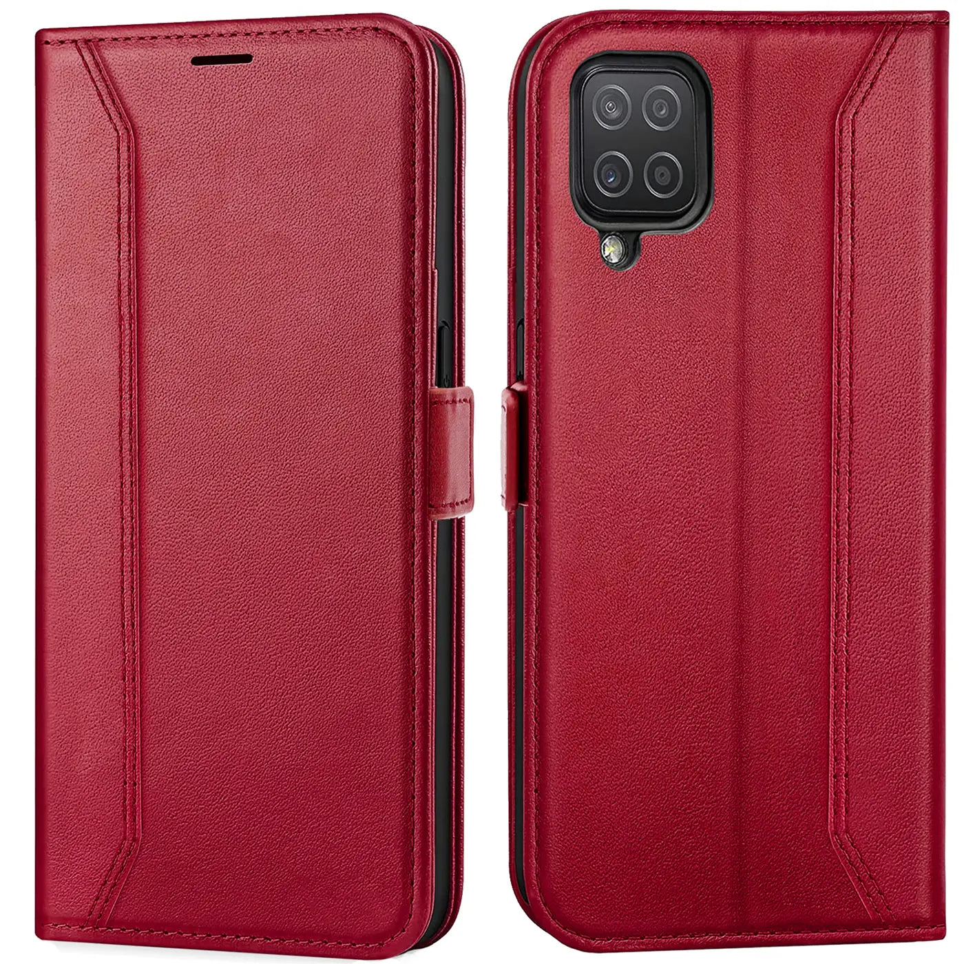 Rote Leder-Klapphülle, Vorder- und Rückansicht, mit Samsung Galaxy A22 4G/M32/M22