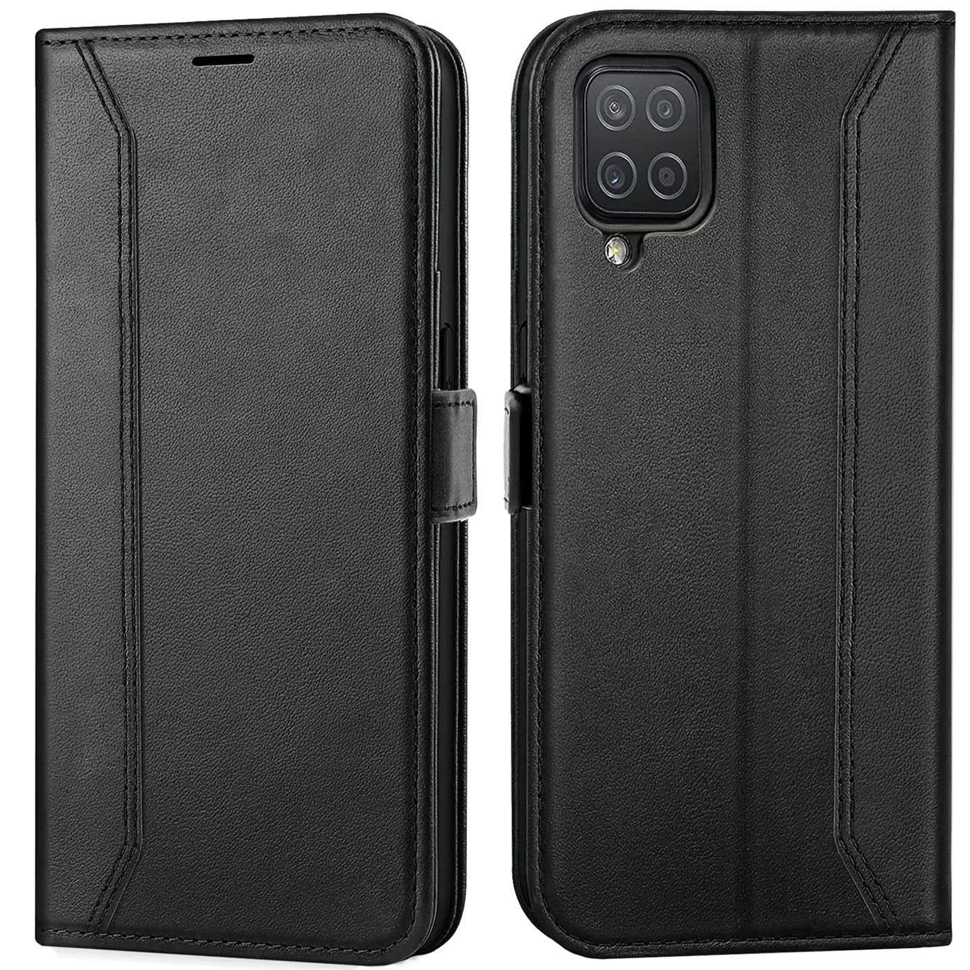 Schwarze Leder-Klapphülle mit RFID-Schutz, Vorder- und Rückansicht, für Samsung Galaxy A22 4G/M32/M22