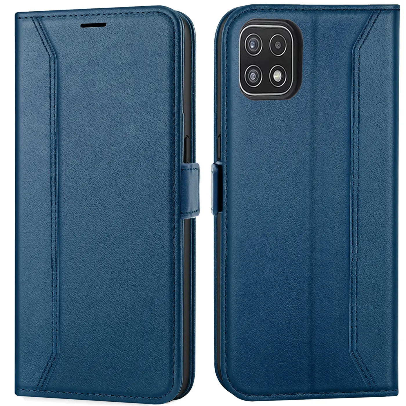 Blaue Kunstleder-Klapphülle für Samsung Galaxy A22 5G, Vorder- und Rückansicht.