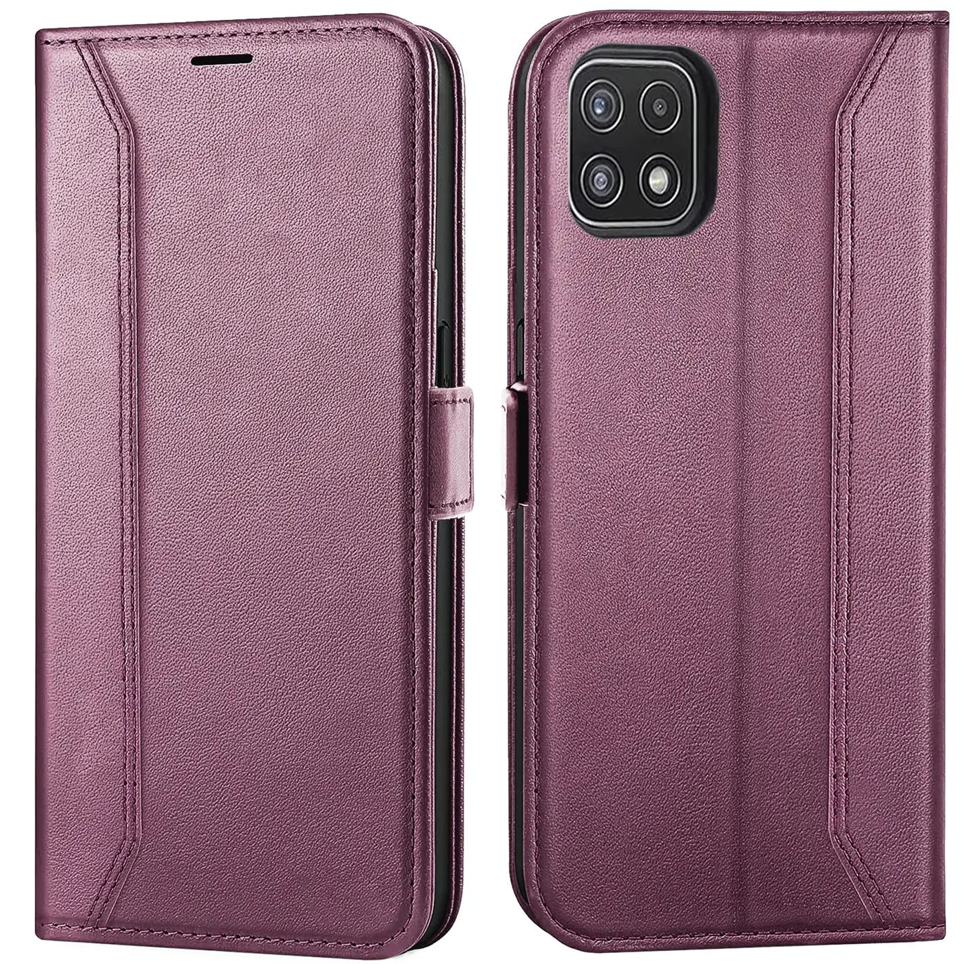 Lila Leder-Klapphülle, Vorder- und Rückansicht, für Samsung Galaxy A22 5G