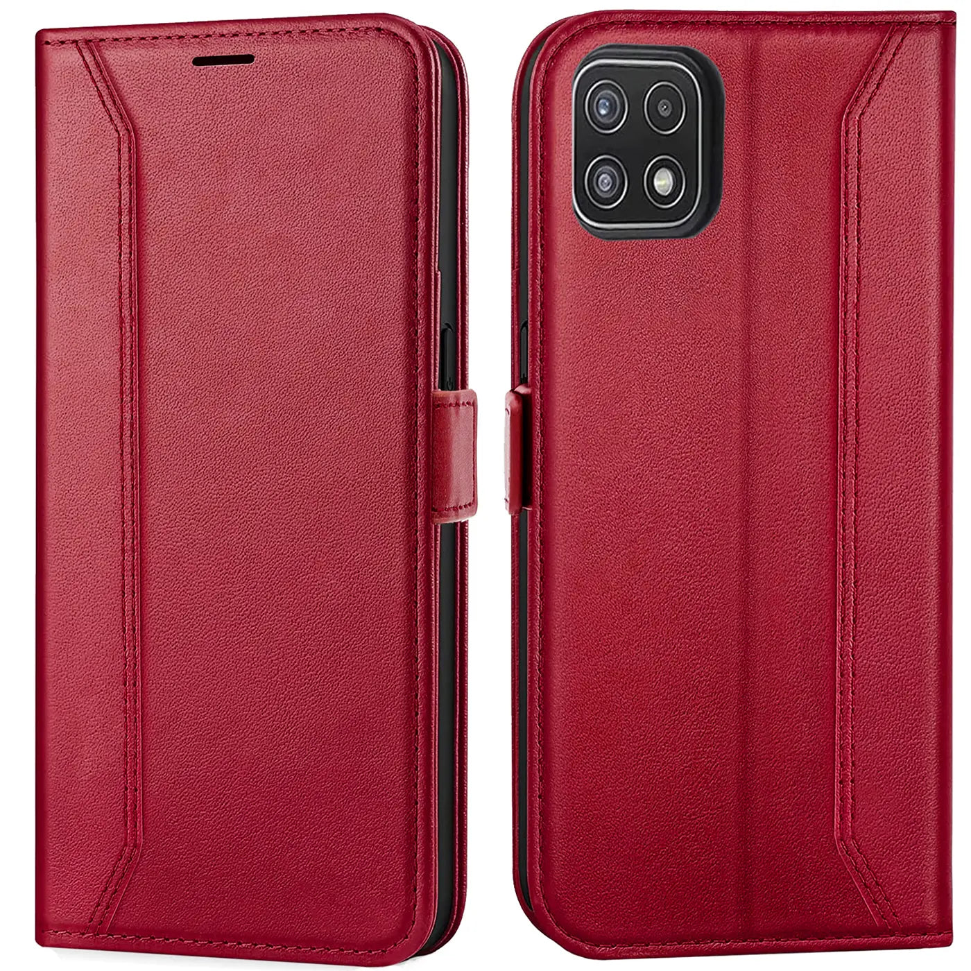 Rote Leder-Klapphülle, Vorder- und Rückansicht, für Samsung Galaxy A22 5G