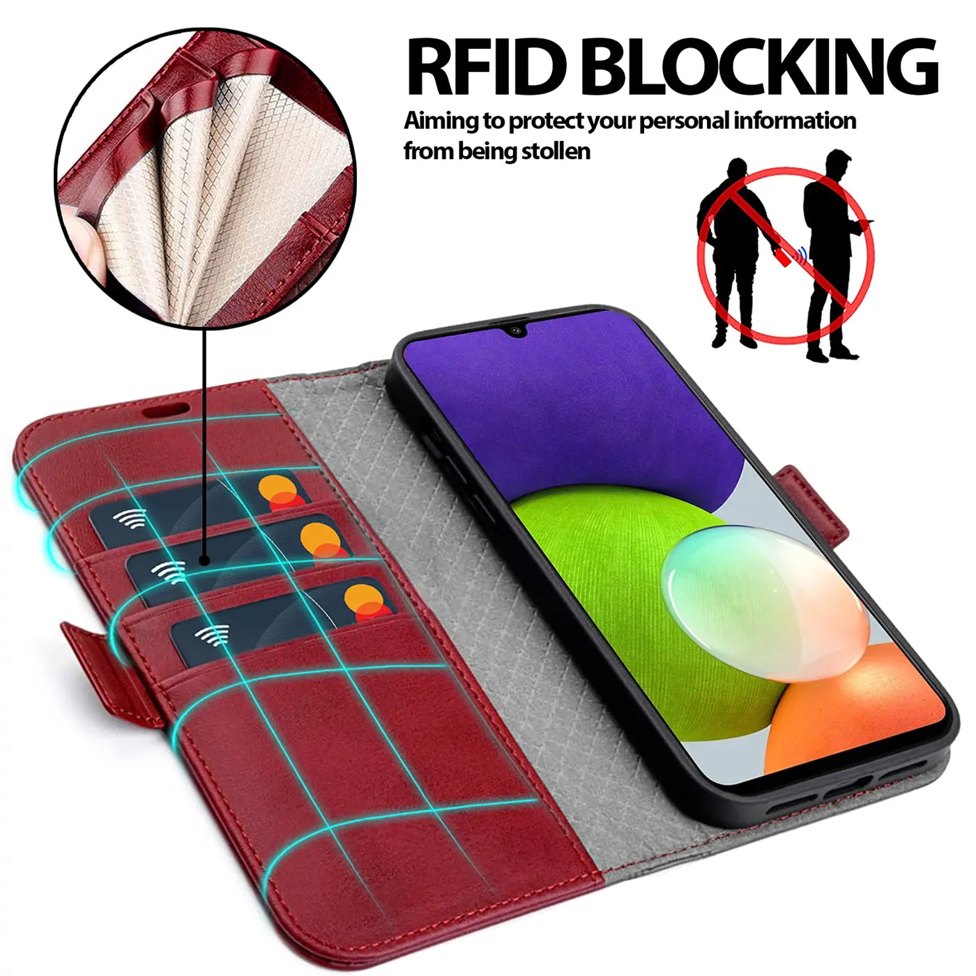 Rote Leder-Klapphülle mit Kartenfächern, Samsung Galaxy A22 5G, von oben schräg.