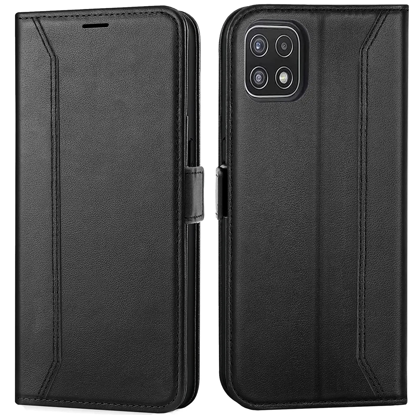 Schwarze Leder-Klapphülle, Vorder- und Rückseite, für Samsung Galaxy A22 5G