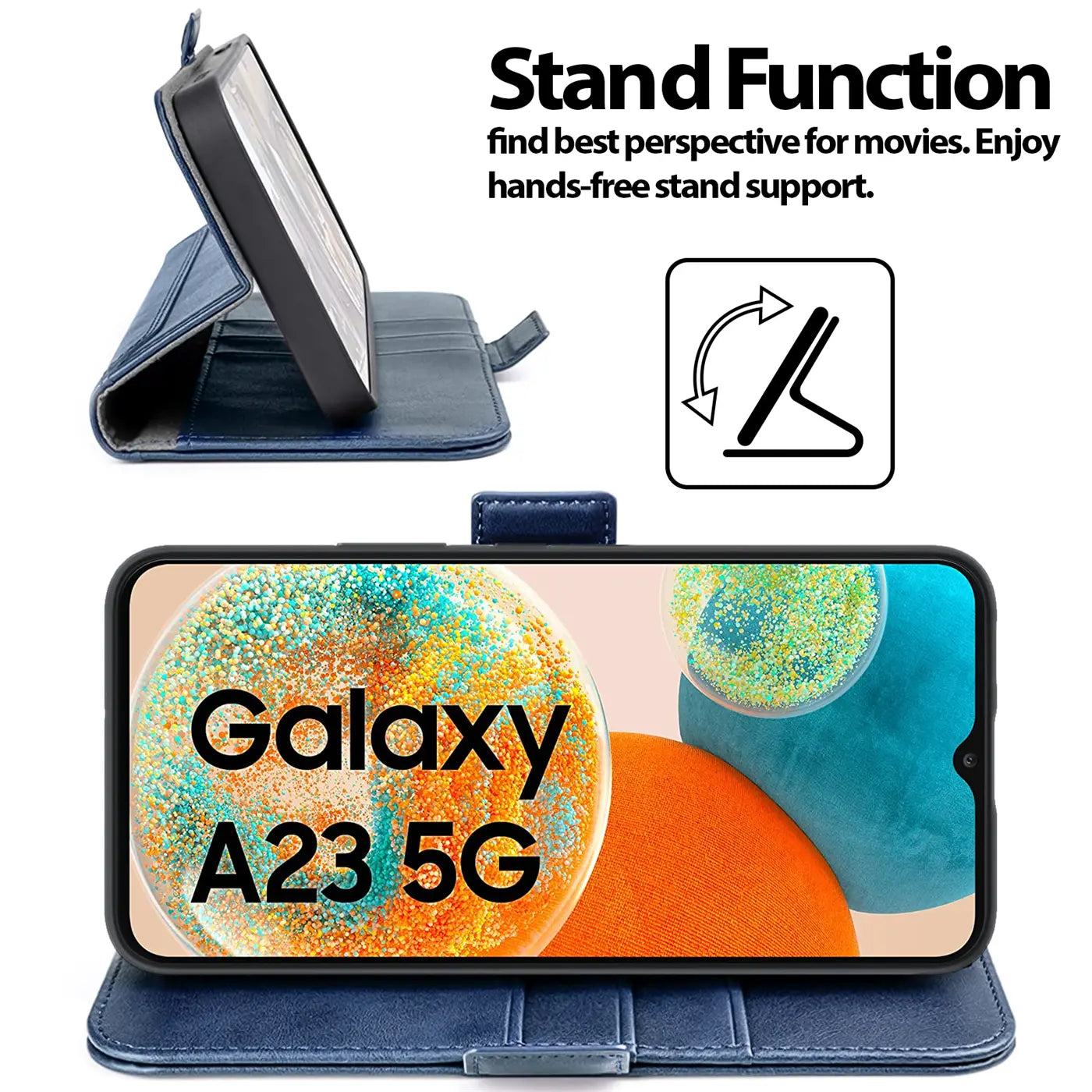 Dunkelblaue Kunstleder-Klapphülle mit Samsung Galaxy A23 5G, Seitenansicht.