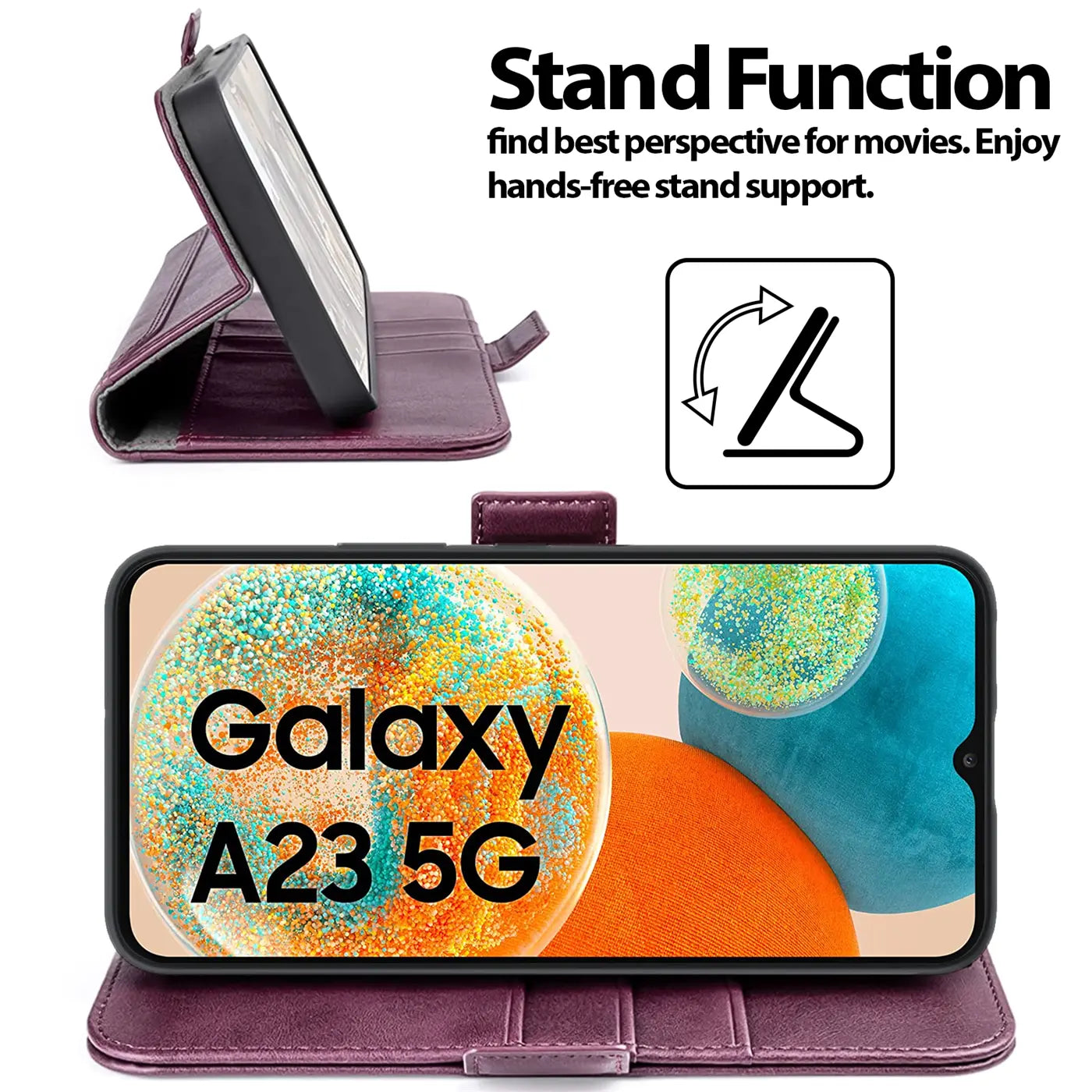 Dunkelrote Kunstleder-Klapphülle mit integrierter Ständerfunktion für Samsung Galaxy A23 5G.