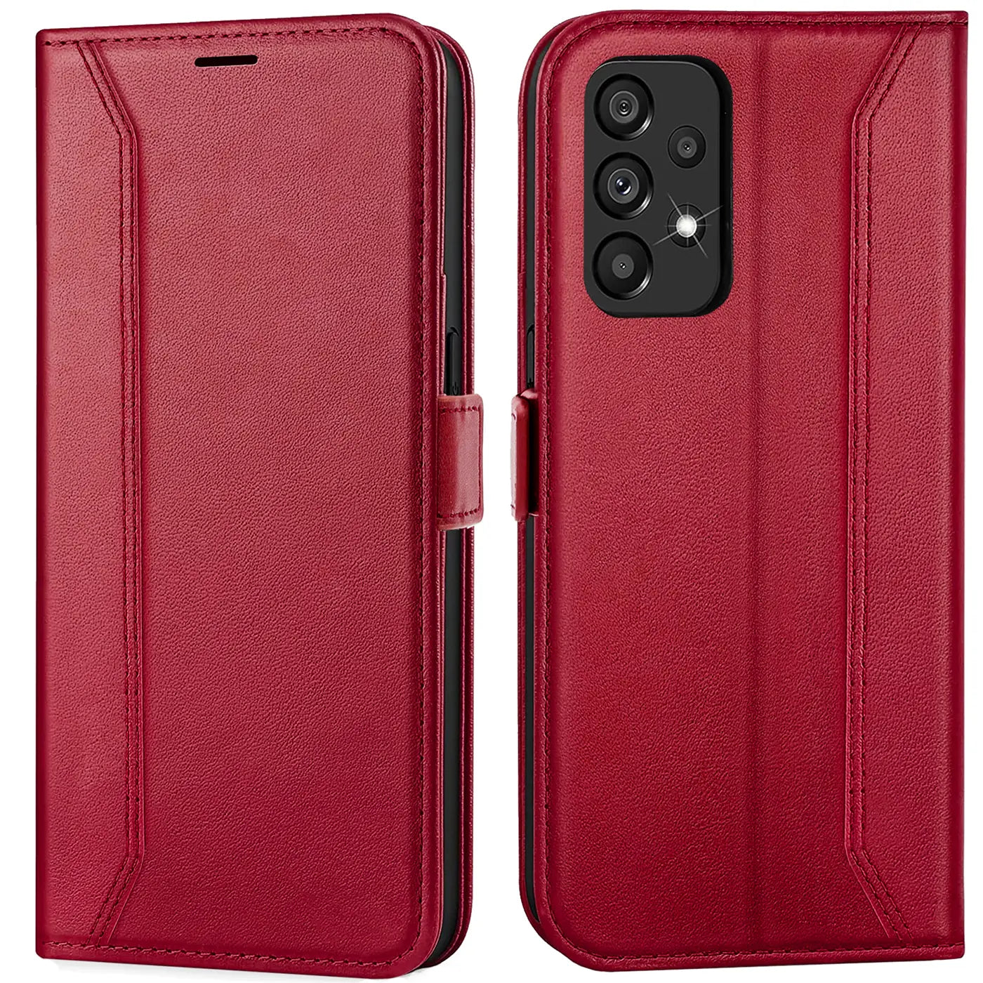 Rote Leder-Klapphülle mit RFID-Schutz für Samsung Galaxy A23 5G, Vorder- und Rückansicht.