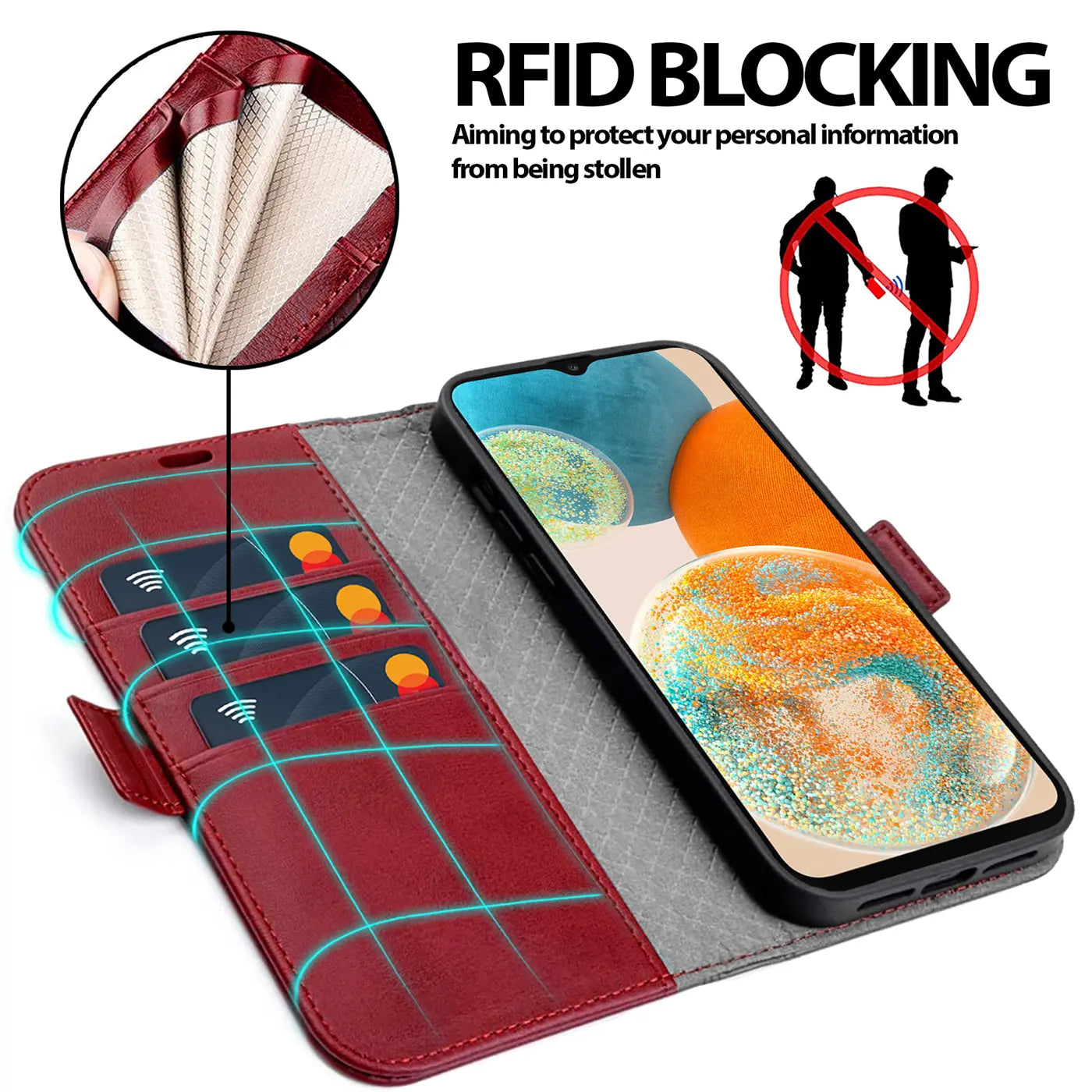Rote Leder-Klapphülle mit Kartenfächern und Samsung Galaxy A23 5G, von oben.