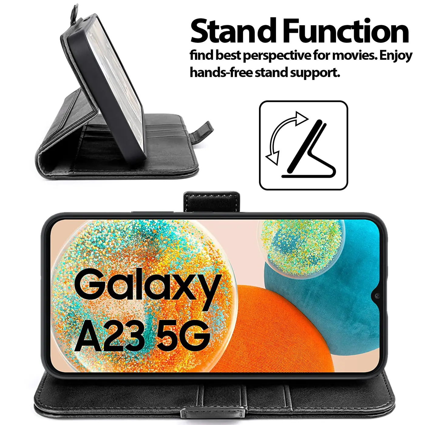 Schwarze Leder-Klapphülle mit Samsung Galaxy A23 5G, Seitenansicht und Frontansicht.