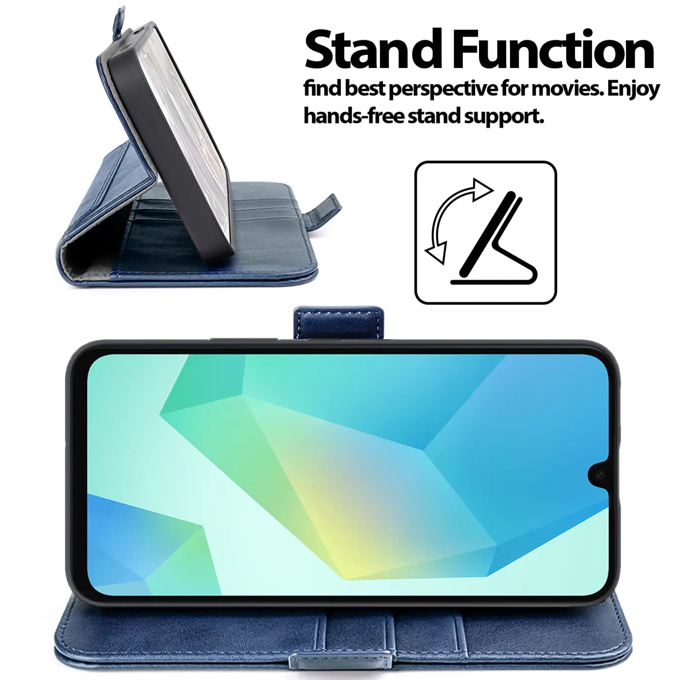 Blaue Lederhülle mit Standfunktion für Samsung Galaxy A26 5G, von vorne und Seite