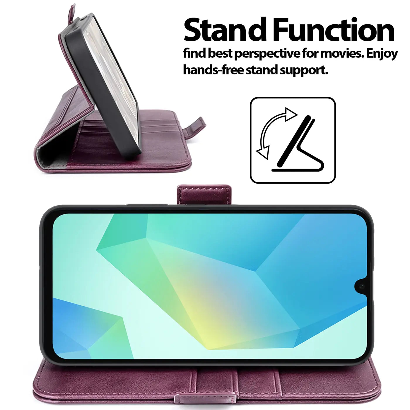 Dunkelrote Kunstleder-Klapphülle mit Standfunktion für Samsung Galaxy A26 5G.