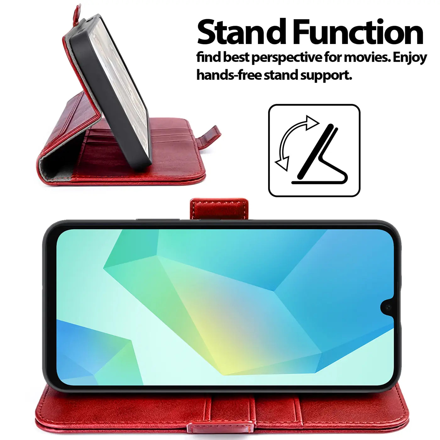 Rote Leder-Klapphülle, seitliche Ansicht, mit Samsung Galaxy A26 5G.