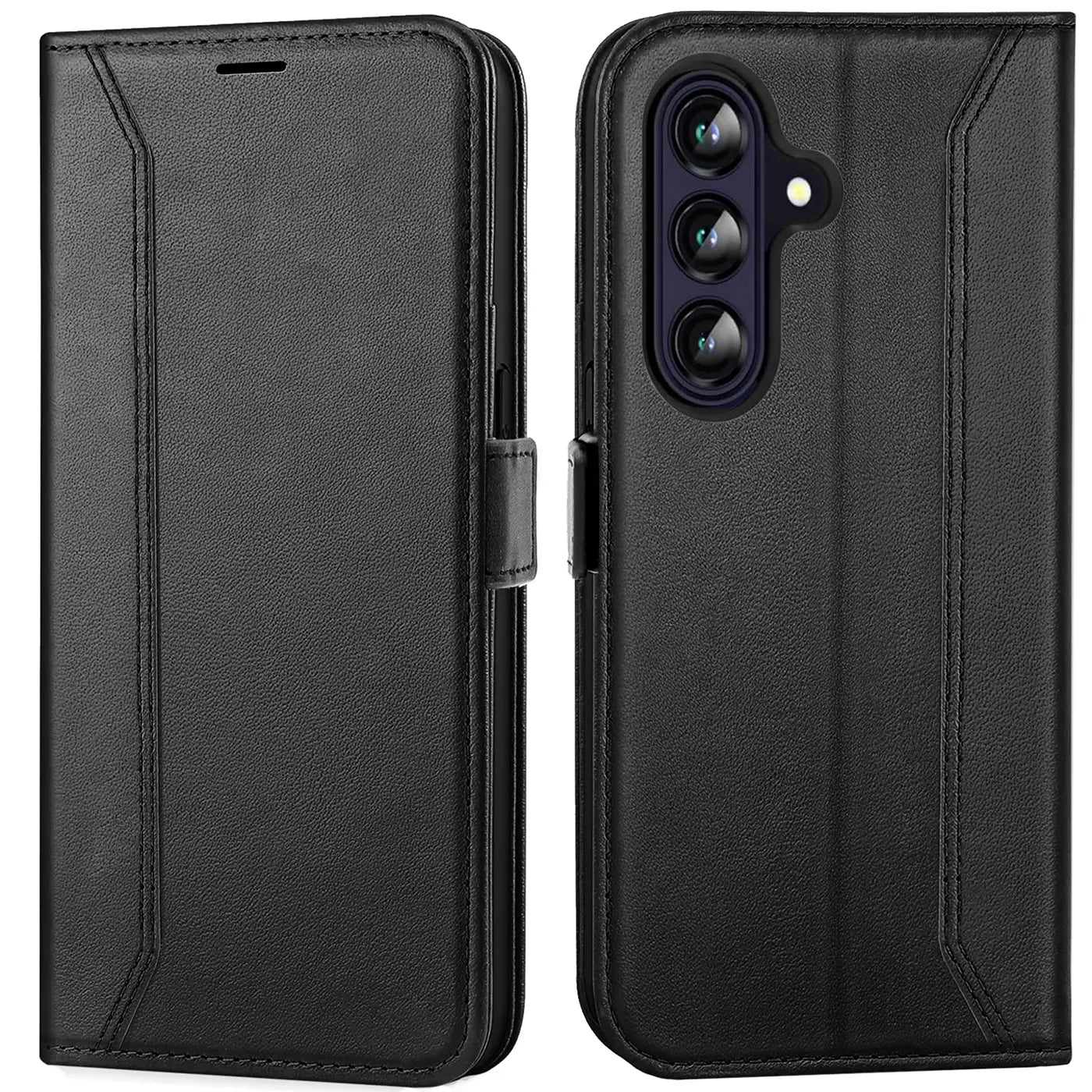 Schwarze Leder-Klapphülle für Samsung Galaxy A26 5G, Vorder- und Rückansicht.