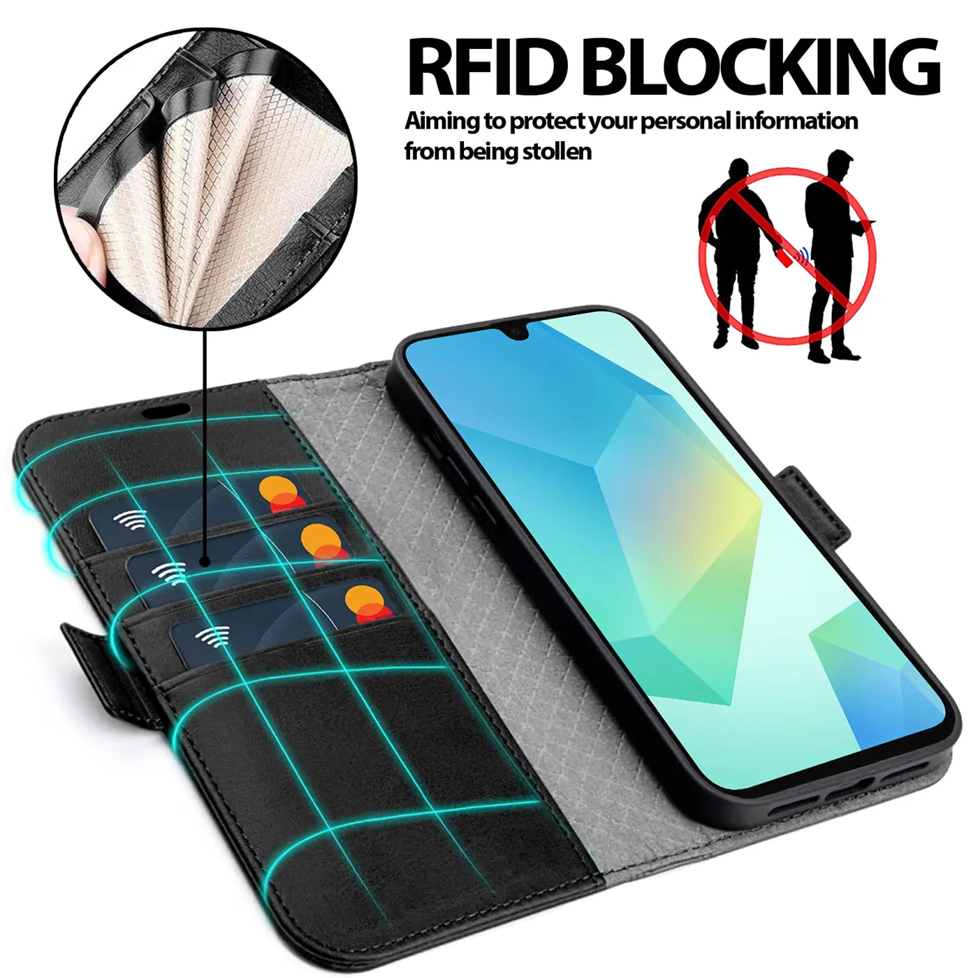 Schwarze Leder-Klapphülle mit Kartenfächern und Samsung Galaxy A26 5G.