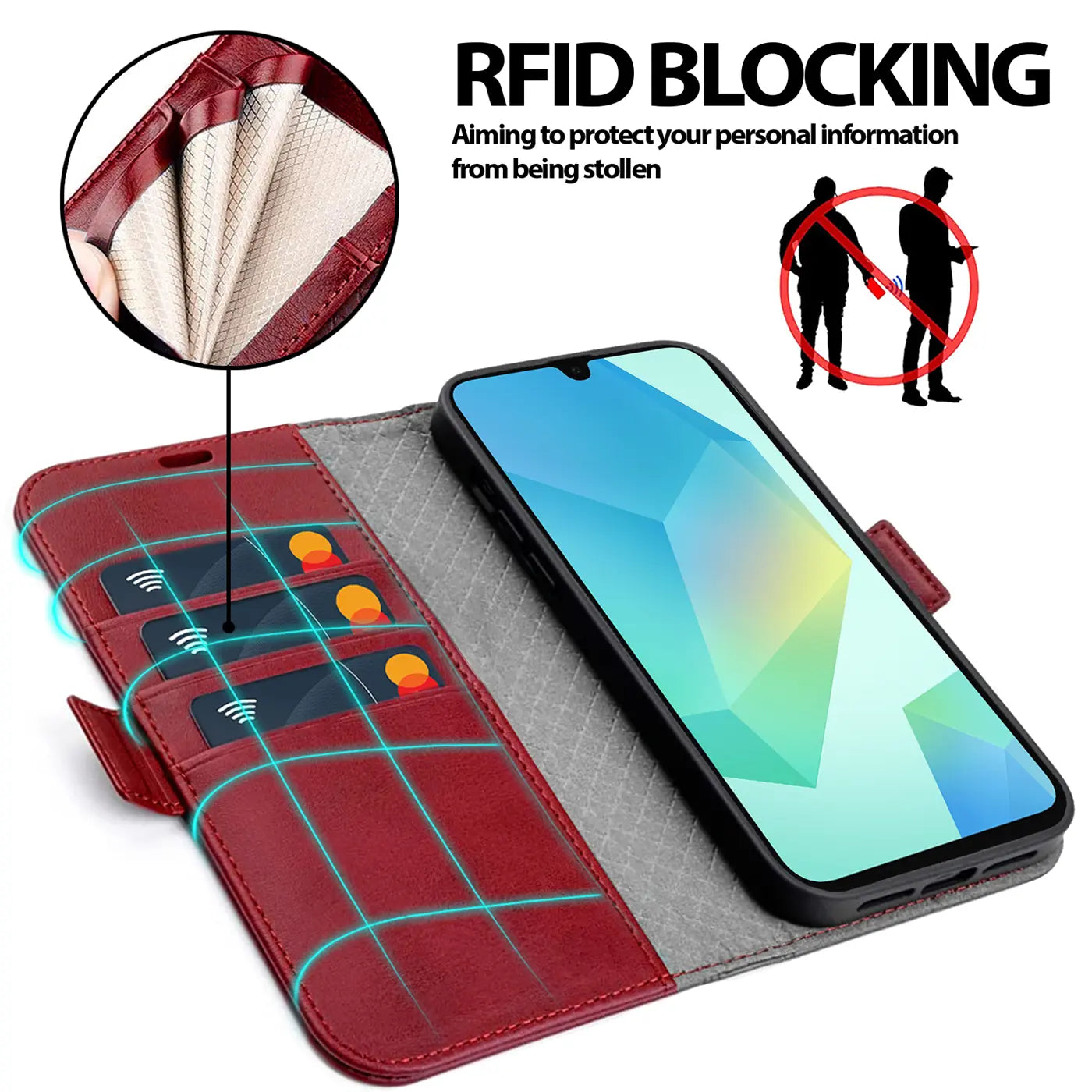 Rote Leder-Klapphülle mit Kartenfächern, zeigt ein Smartphone, von oben.