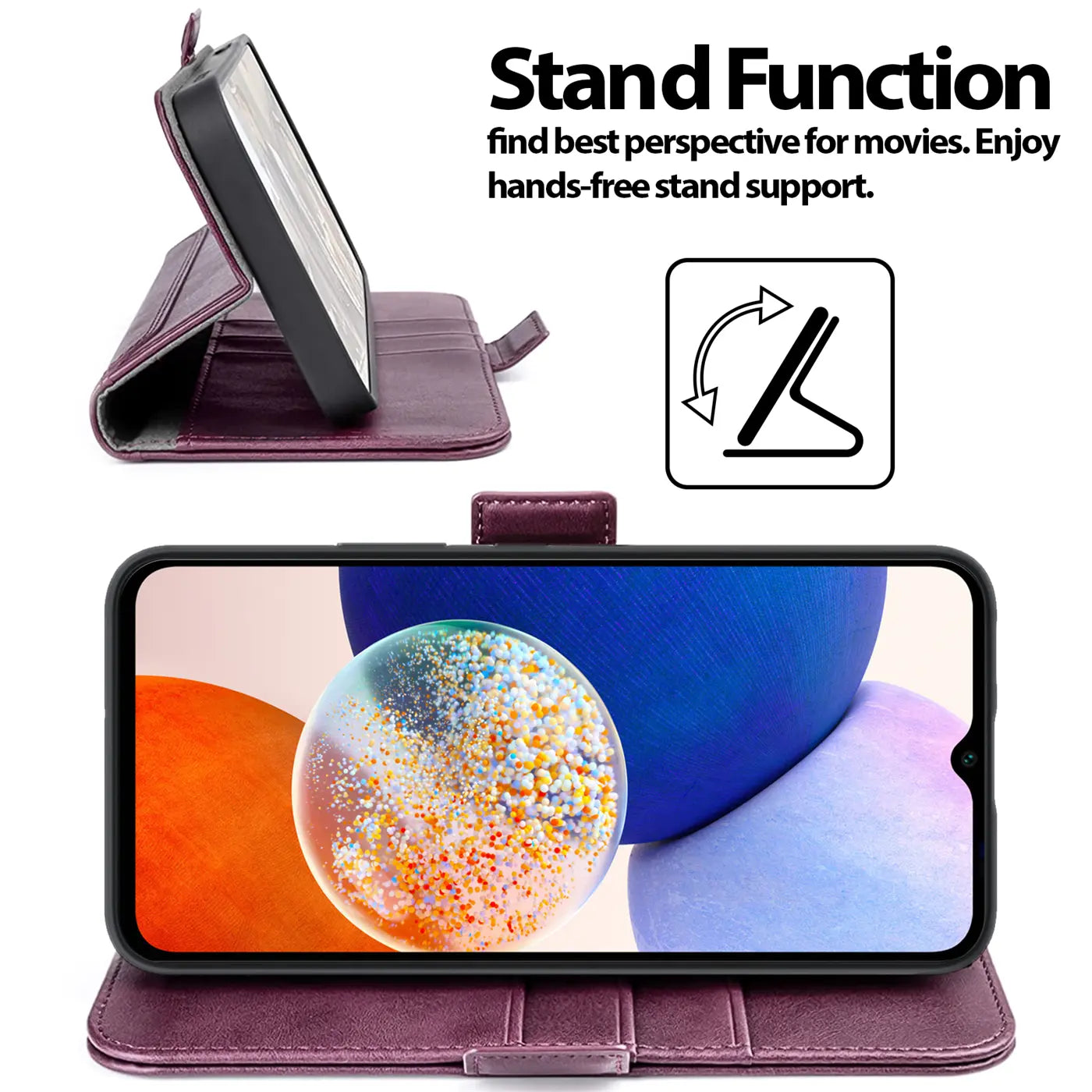 Dunkelrote Leder-Klapphülle mit Standfunktion für Samsung Galaxy A32 5G, von vorne und Seite.