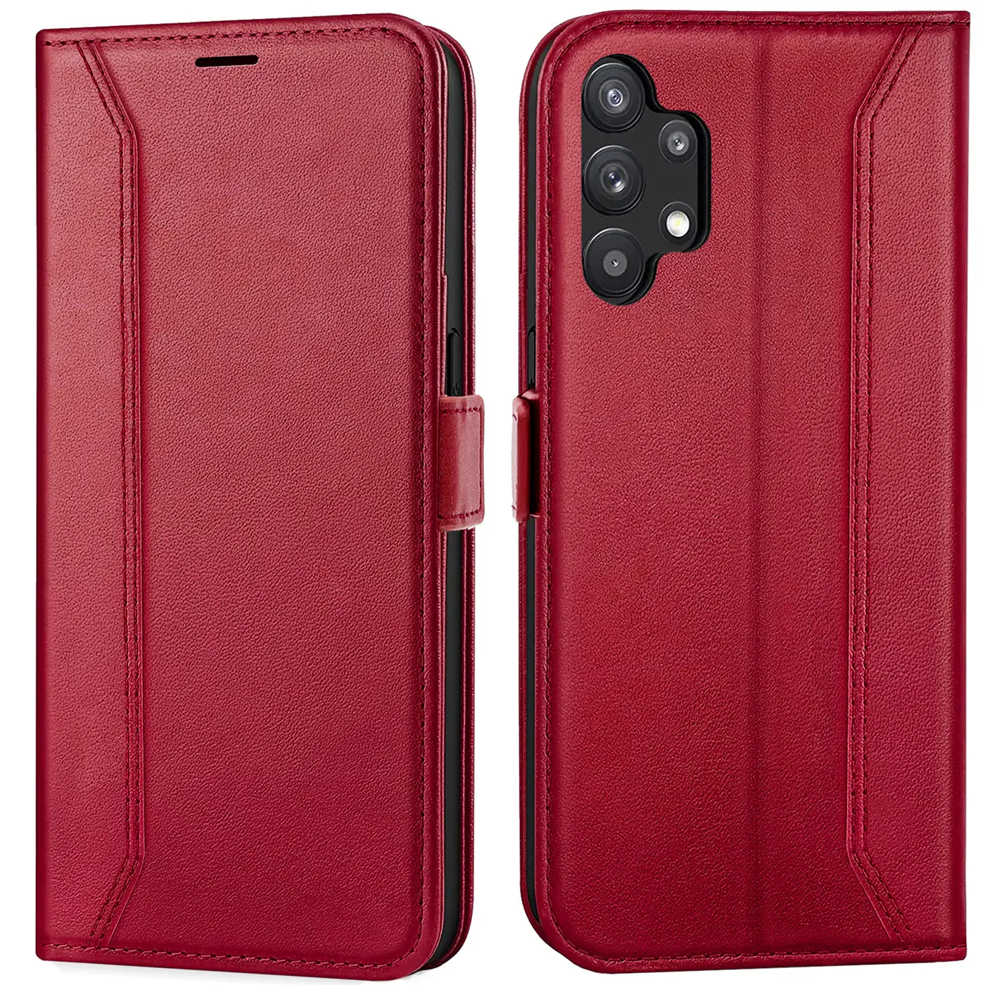Rote Kunstleder-Klapphülle, Vorder- und Rückansicht, für Samsung Galaxy A32 5G.