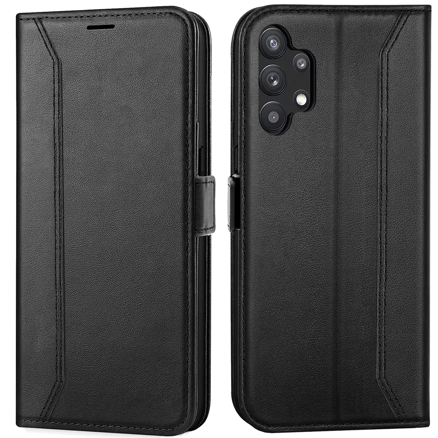 Schwarze Leder-Klapphülle mit RFID-Schutz, Vorder- und Rückseite, für Samsung Galaxy A32 5G.