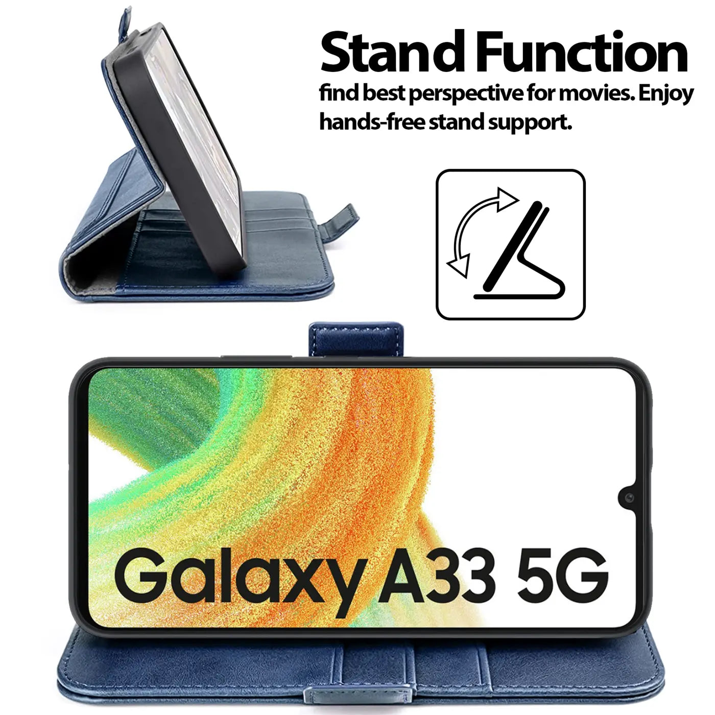 Blaue Kunstleder-Klapphülle mit Ständerfunktion für Samsung Galaxy A33 5G, Seitenansicht.