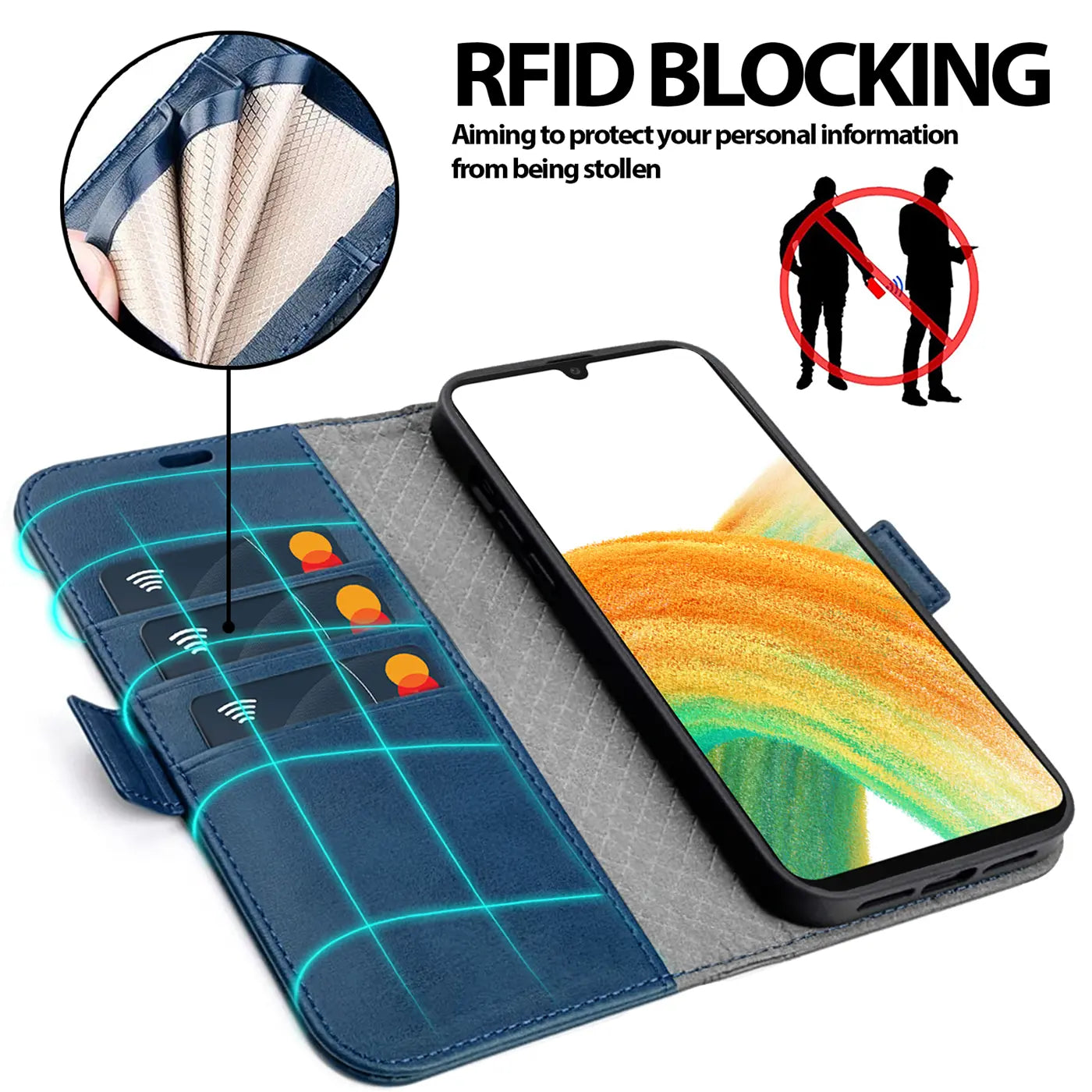 Blaue Kunstleder-Klapphülle mit Kartenfächern und Samsung Galaxy A33 5G, Draufsicht.