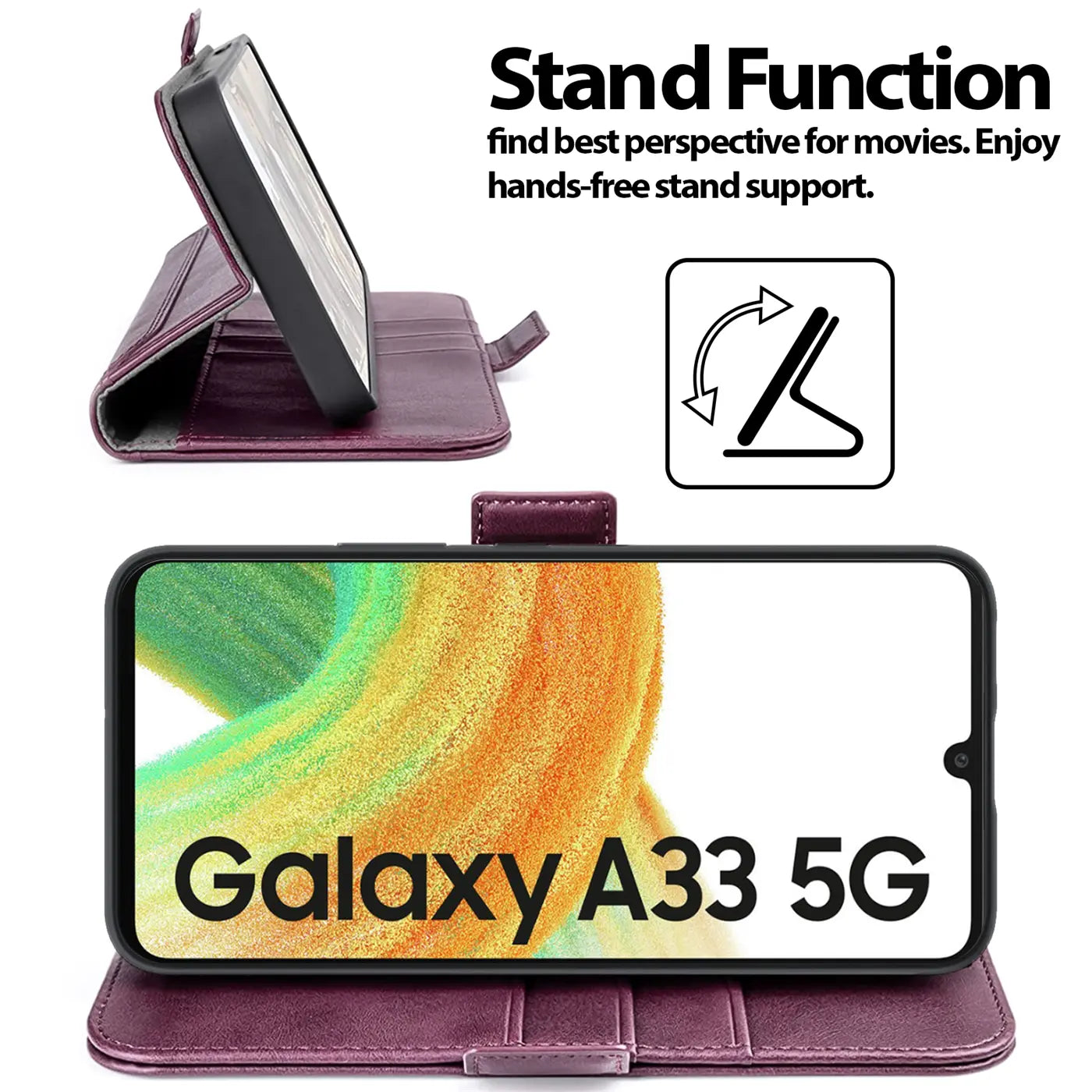 Dunkelrote Leder-Klapphülle mit Samsung Galaxy A33 5G, Seitenansicht und Frontansicht.