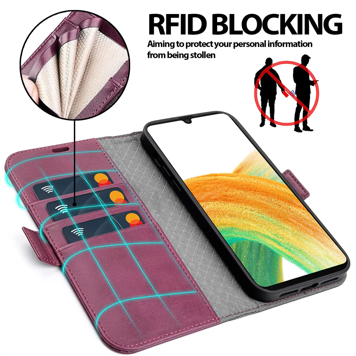 Lila Leder-Klapphülle mit Kartenfächern, Samsung Galaxy A33 5G, von oben links
