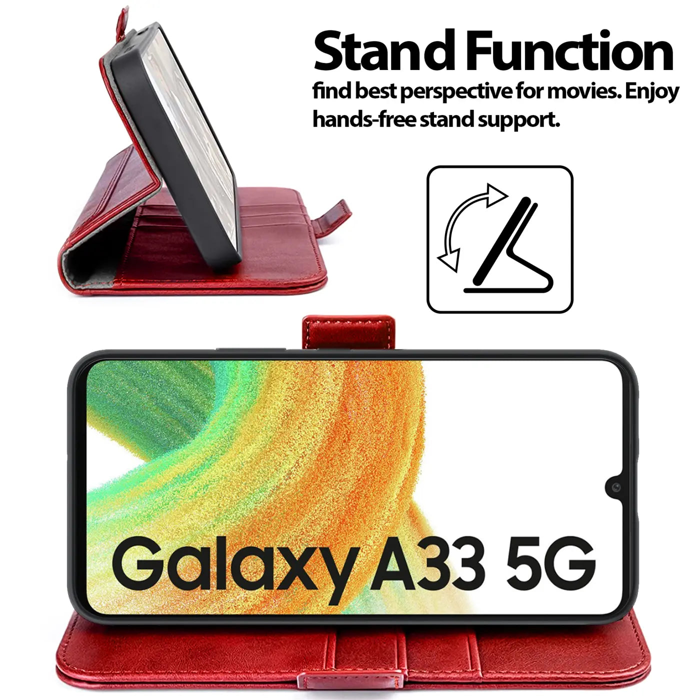 Rote Leder-Klapphülle mit Samsung Galaxy A33 5G, Seitenansicht und Frontansicht.