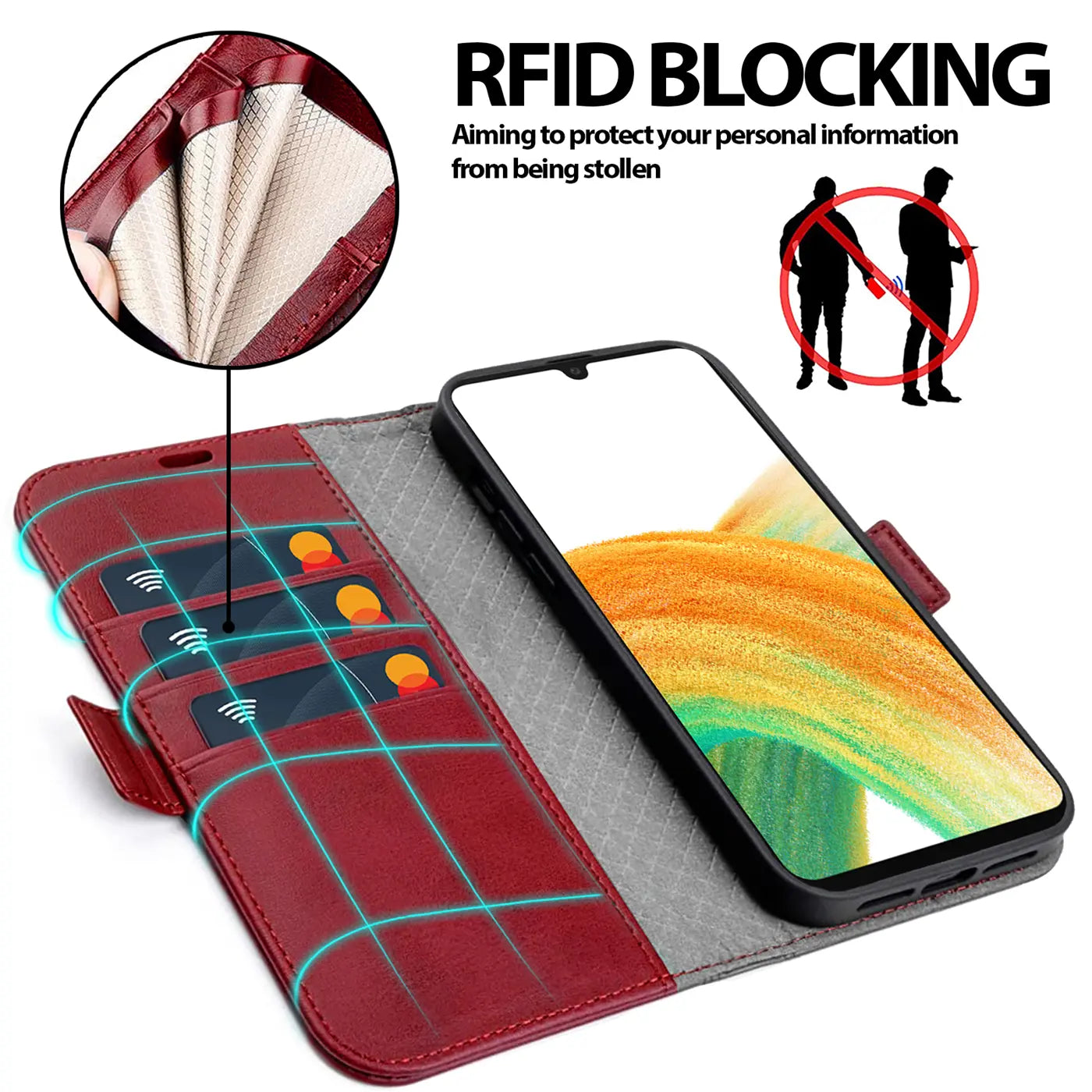 Rote Leder-Klapphülle mit Kartenfächern, Samsung A33 5G, Nahaufnahme