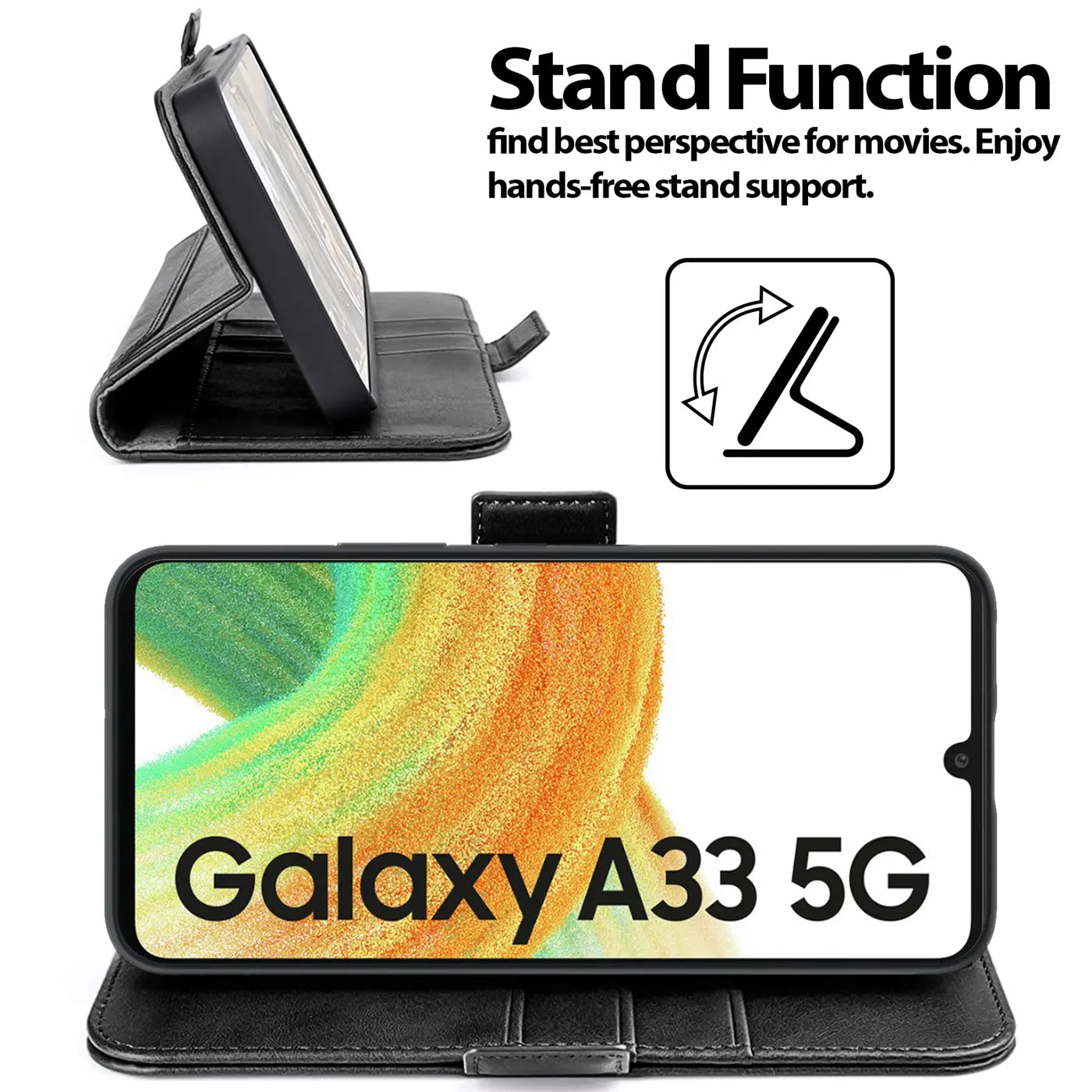 Schwarze Kunstleder-Klapphülle, seitliche Ansicht und Frontansicht, mit Samsung Galaxy A33 5G.