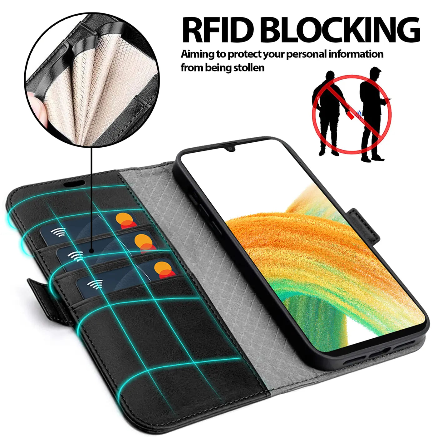 Schwarze Leder-Klapphülle mit Kartenfächern, Samsung A33 5G, von oben schräg