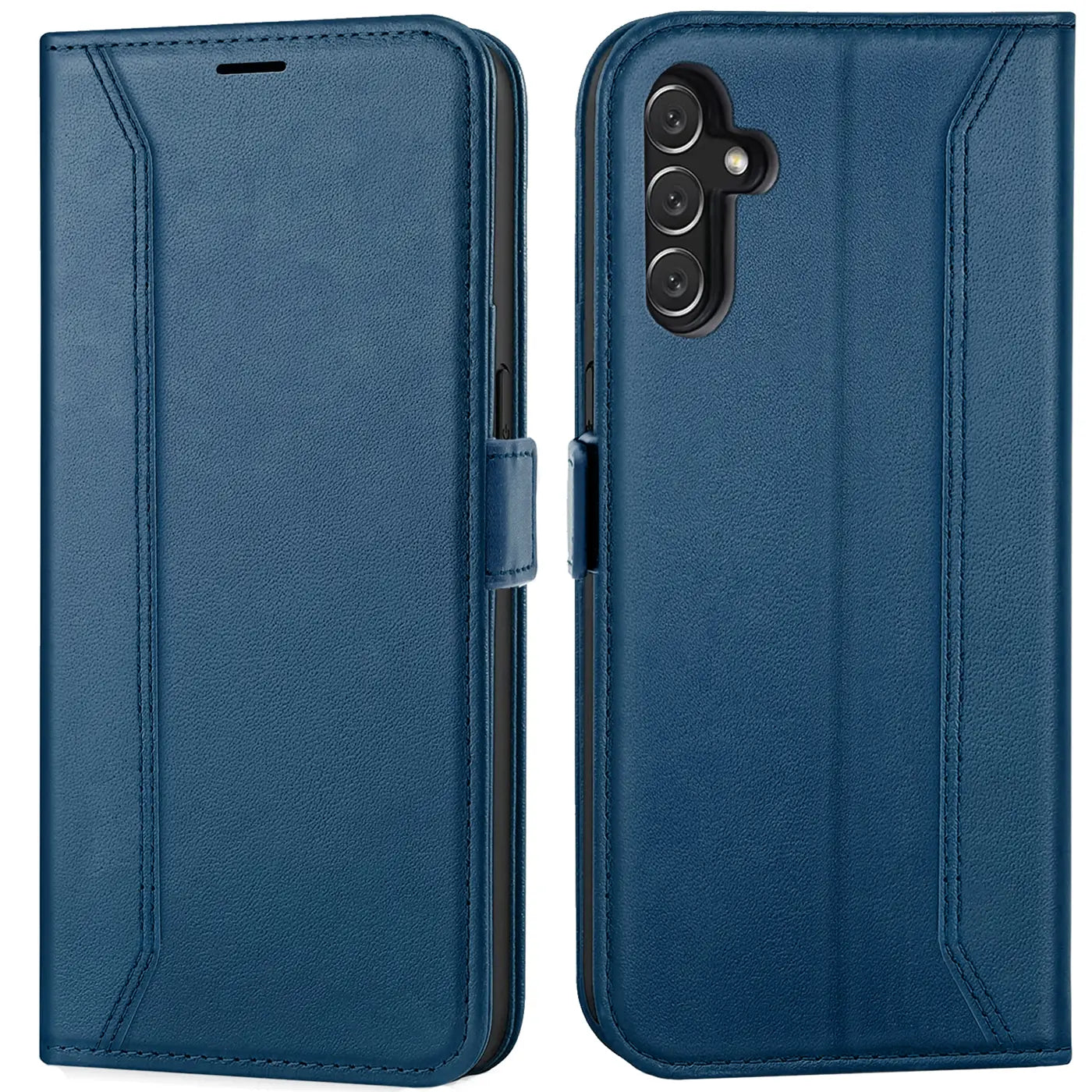 Blaue Kunstleder-Klapphülle, Vorder- und Rückansicht, für Samsung Galaxy A34 5G.