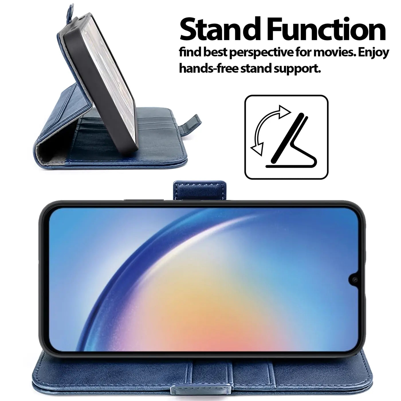 Blaue Kunstleder-Klapphülle mit integrierter Standfunktion für Samsung Galaxy A34 5G.