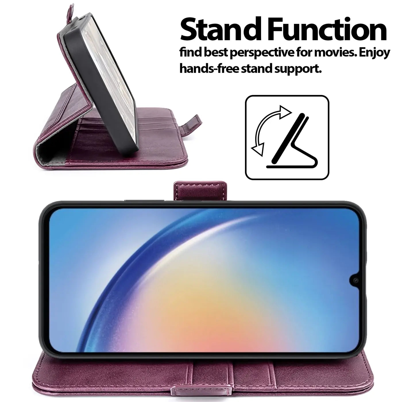 Dunkelrote Leder-Klapphülle mit Ständerfunktion für Samsung Galaxy A34 5G.