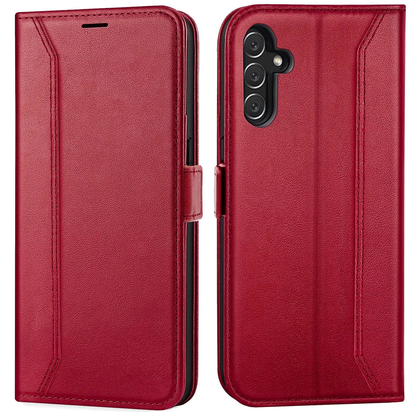 Rote Leder-Klapphülle, Vorder- und Rückansicht, mit Samsung Galaxy A34 5G