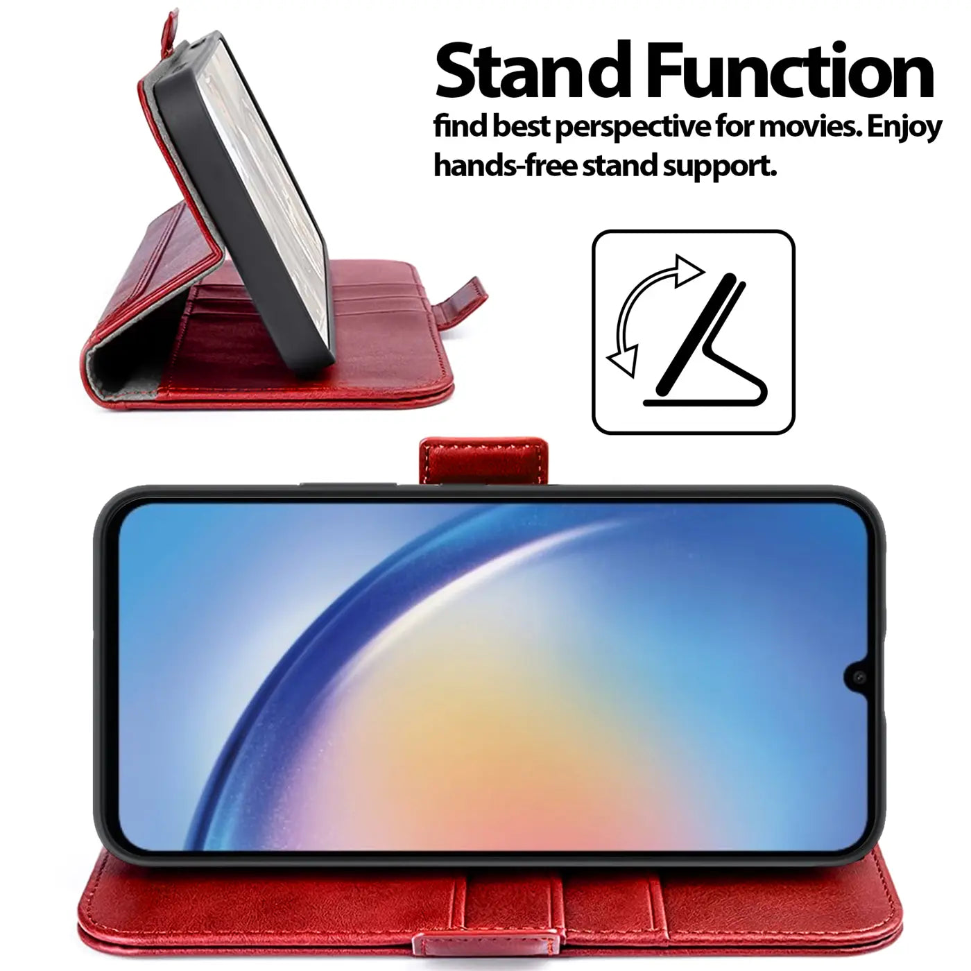 Rote Leder-Klapphülle mit Ständerfunktion für Samsung Galaxy A34 5G, von vorne/seitlich
