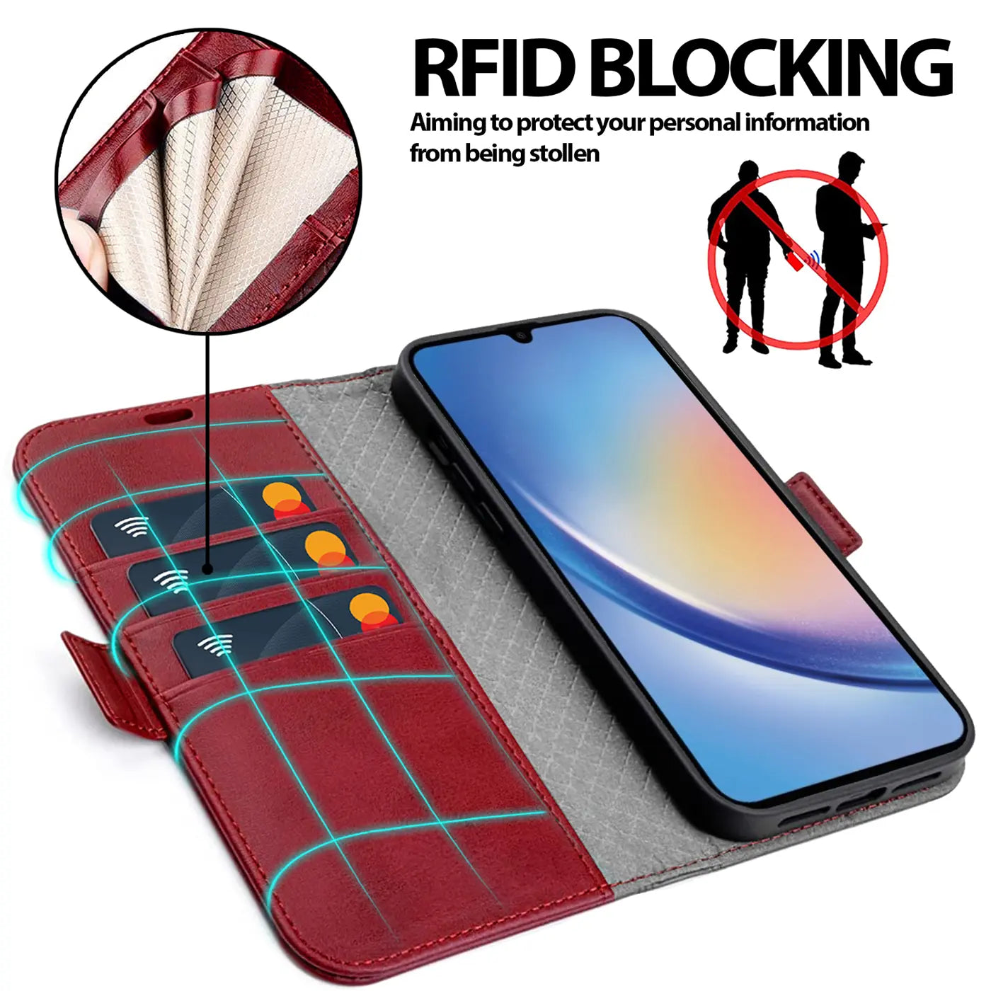 Rote Leder-Klapphülle mit Kartenfächern und Samsung Galaxy A34 5G.