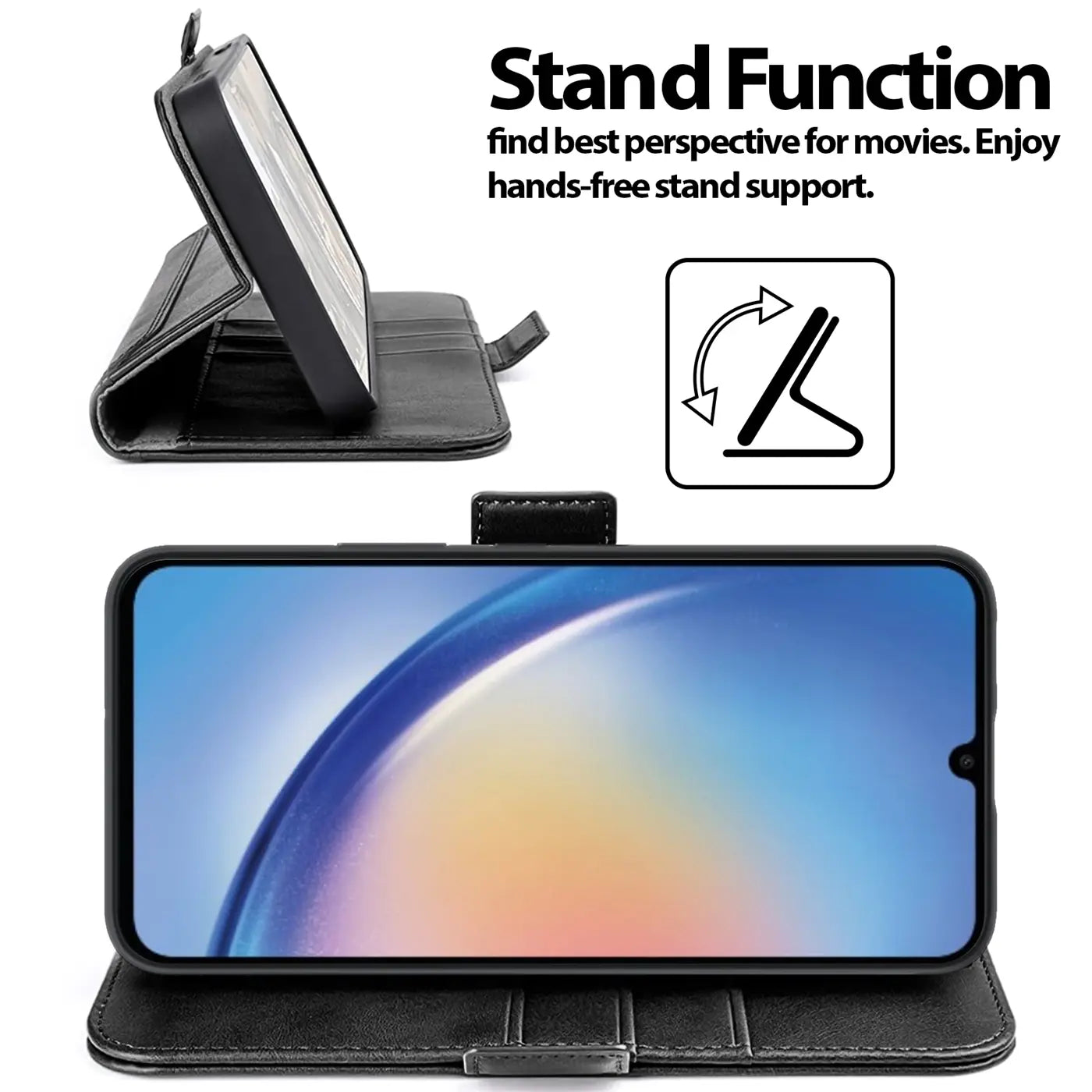 Schwarze Leder-Klapphülle mit integriertem Ständer für Samsung Galaxy A34 5G.