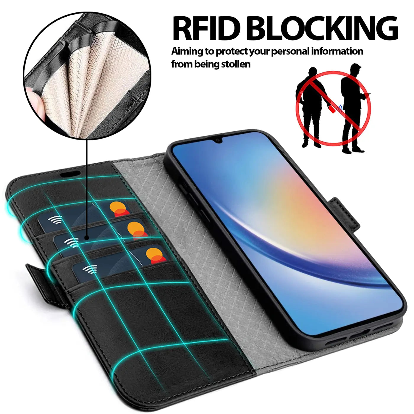 Schwarze Leder-Klapphülle mit Kartenfächern, zeigt Samsung Galaxy A34 5G.