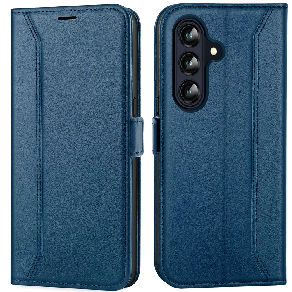 Blaue Leder-Klapphülle, Vorder- und Rückansicht, für Samsung Galaxy A36 5G.